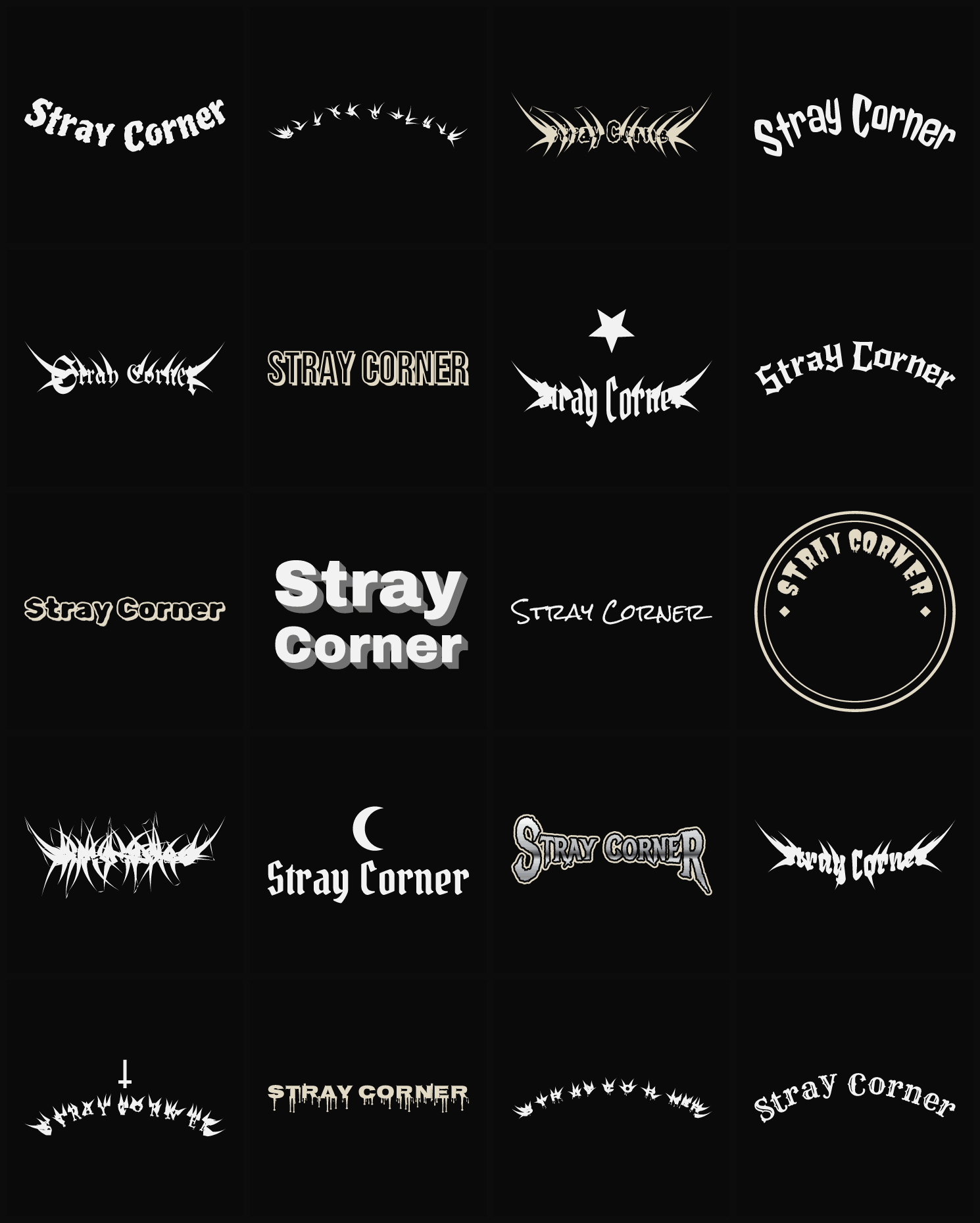Twenty Stray Corner band logo ideas — different faces, treatments and spike settings