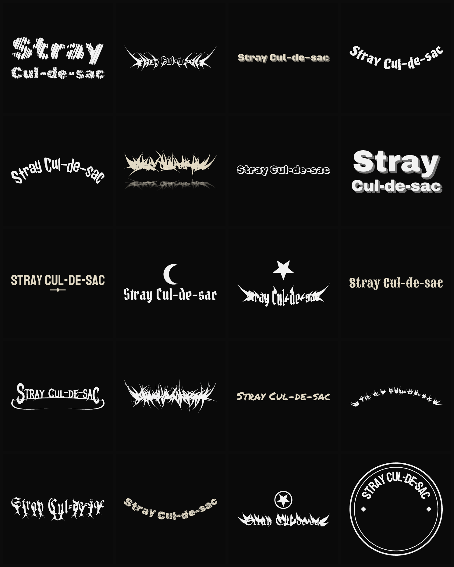 Twenty Stray Cul-de-sac band logo ideas — different faces, treatments and spike settings