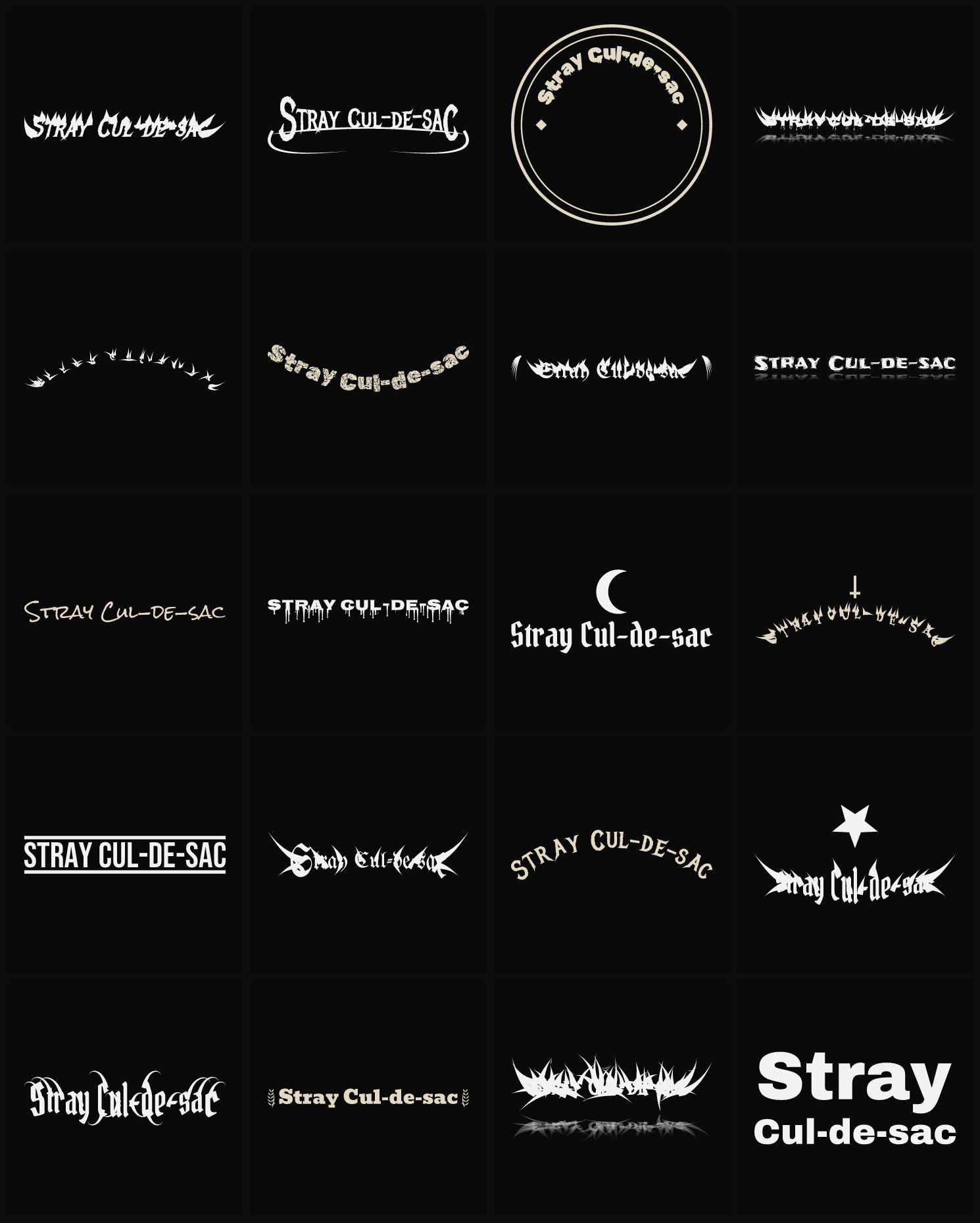 Twenty Stray Cul-de-sac band logo ideas — different faces, treatments and spike settings