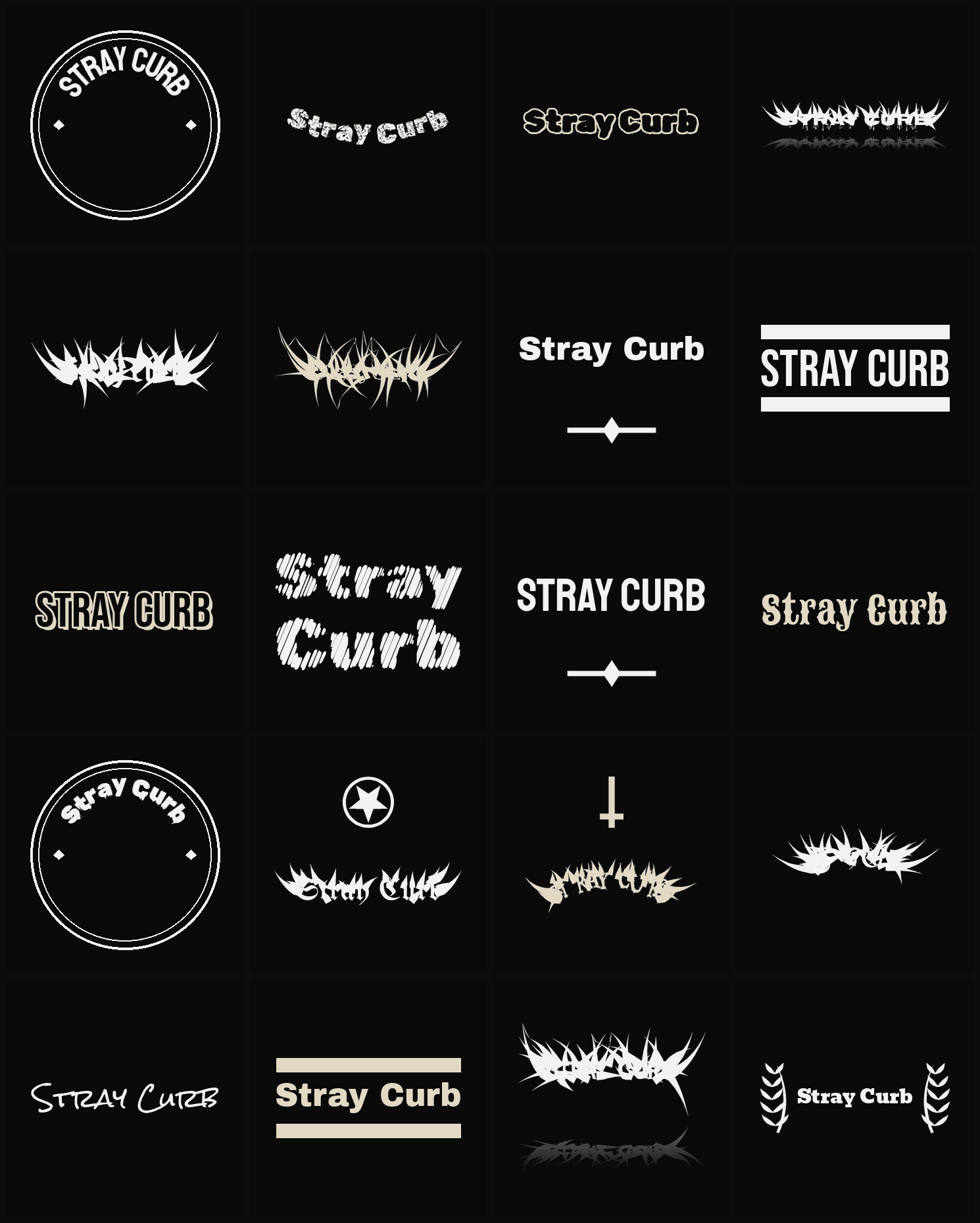 Twenty Stray Curb band logo ideas — different faces, treatments and spike settings