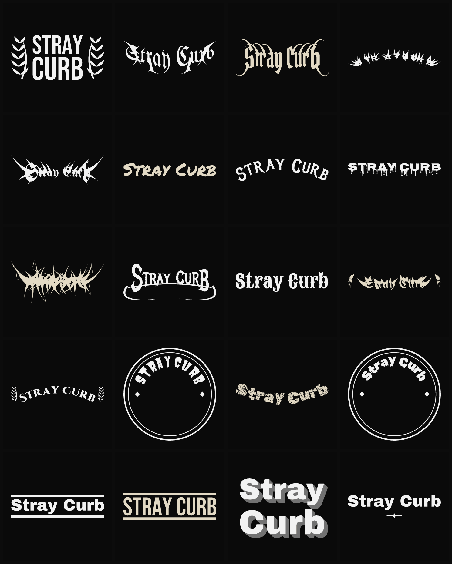 Twenty Stray Curb band logo ideas — different faces, treatments and spike settings