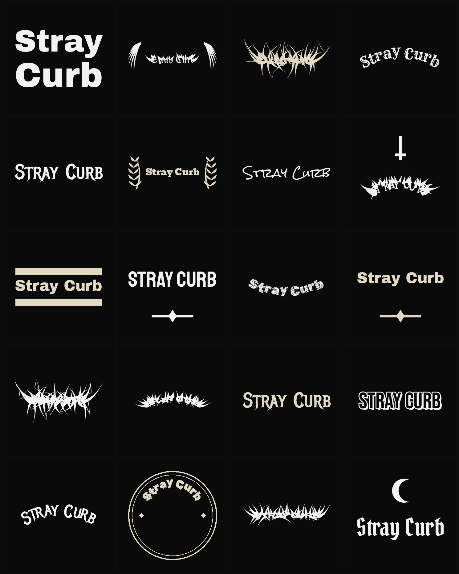 Twenty Stray Curb band logo ideas — different faces, treatments and spike settings