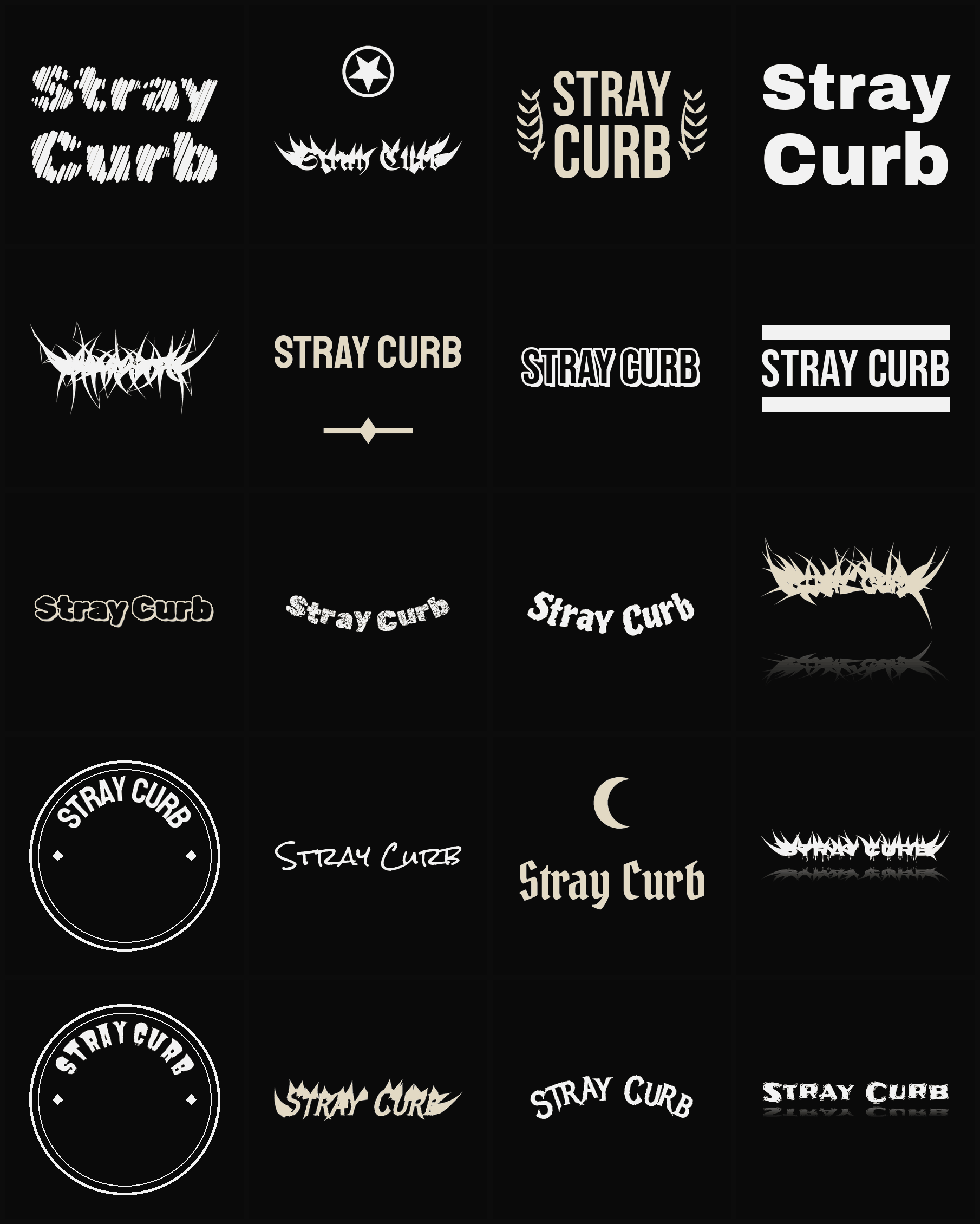 Twenty Stray Curb band logo ideas — different faces, treatments and spike settings