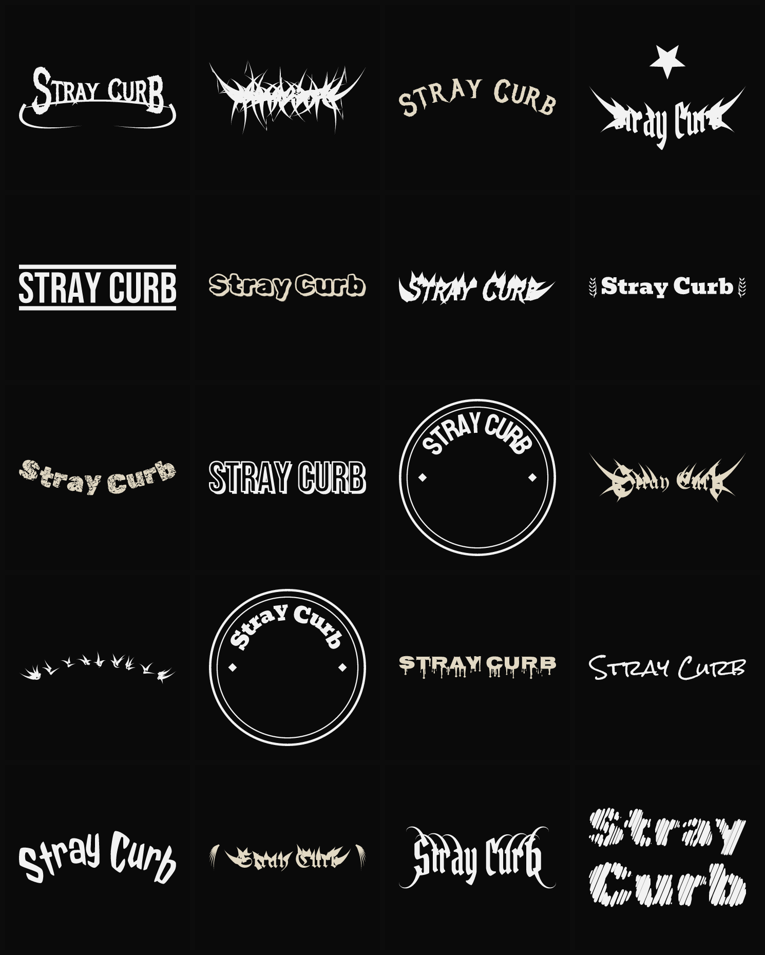 Twenty Stray Curb band logo ideas — different faces, treatments and spike settings