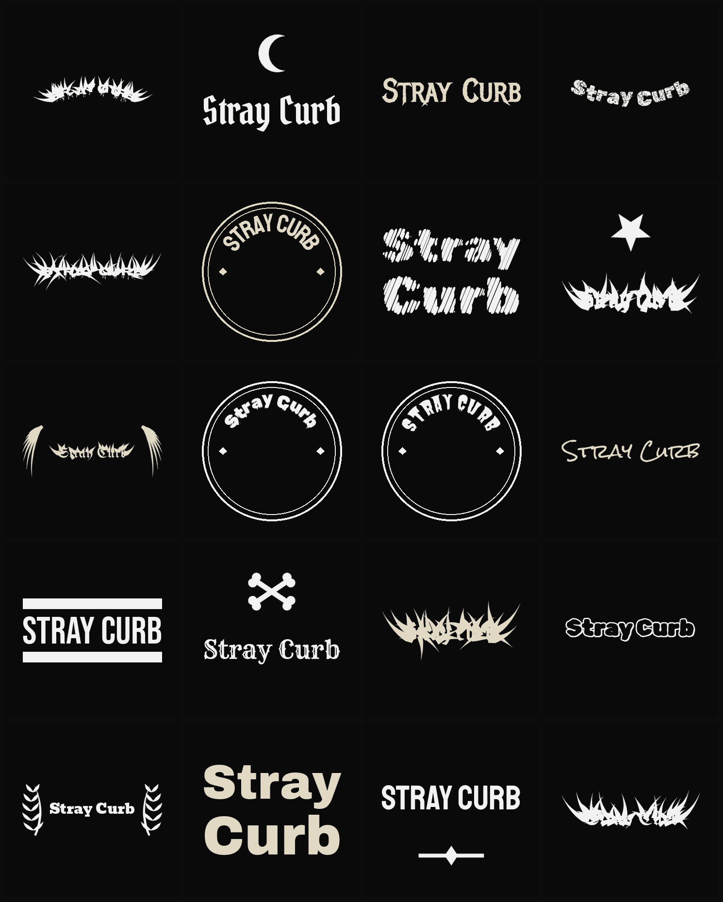 Twenty Stray Curb band logo ideas — different faces, treatments and spike settings