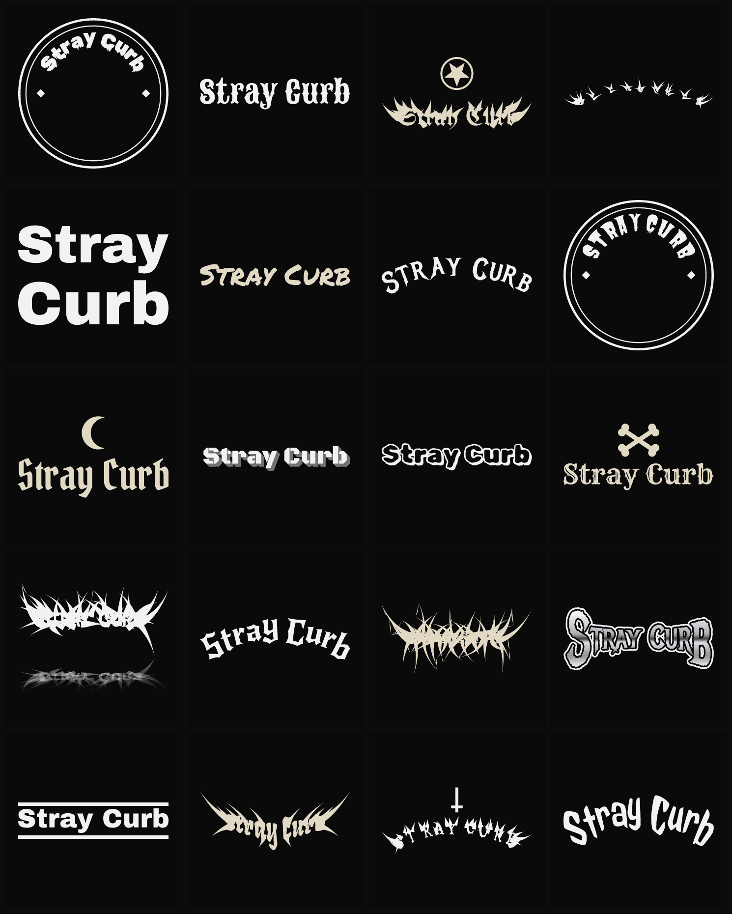 Twenty Stray Curb band logo ideas — different faces, treatments and spike settings