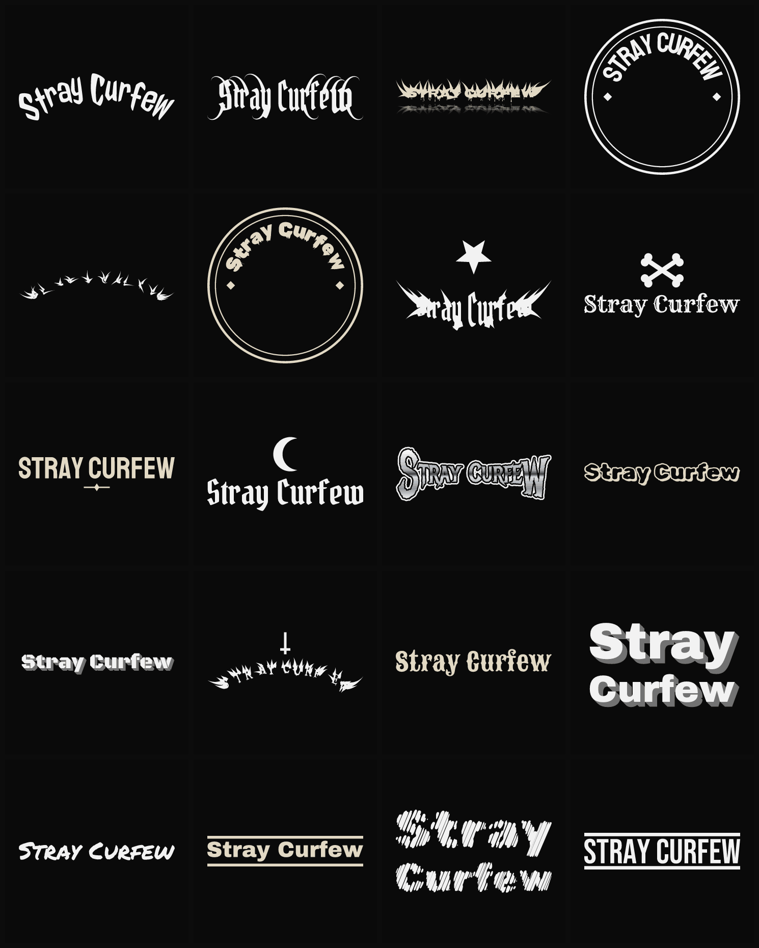 Twenty Stray Curfew band logo ideas — different faces, treatments and spike settings