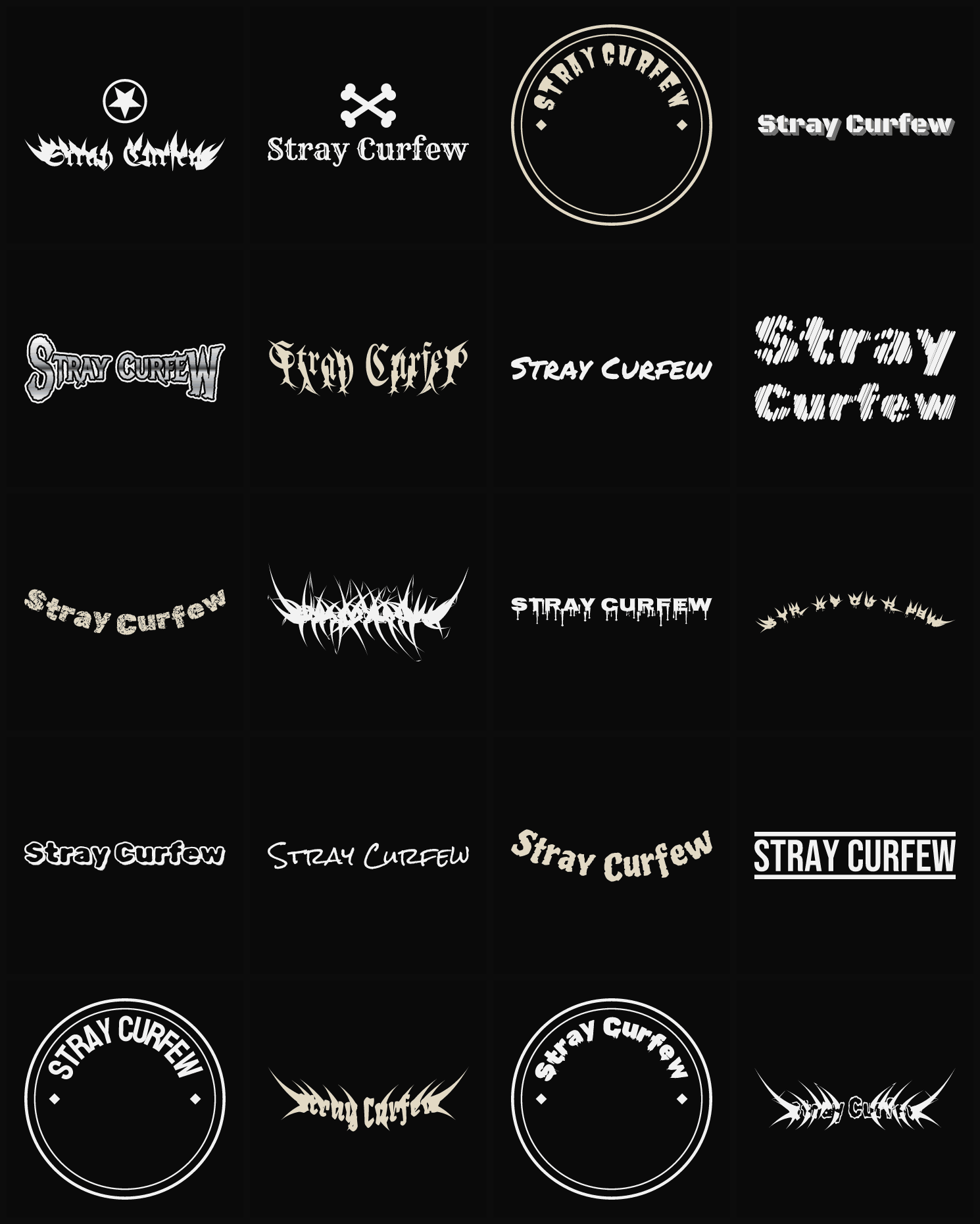 Twenty Stray Curfew band logo ideas — different faces, treatments and spike settings