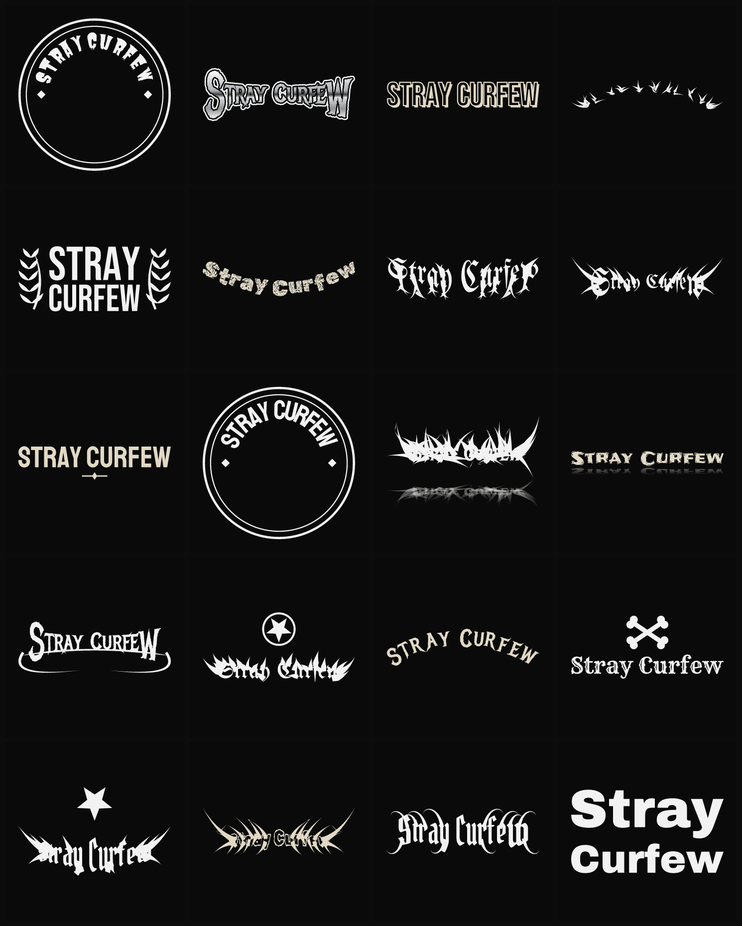 Twenty Stray Curfew band logo ideas — different faces, treatments and spike settings