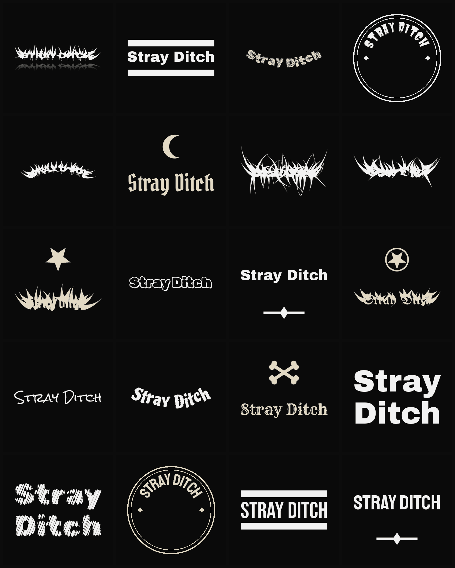 Twenty Stray Ditch band logo ideas — different faces, treatments and spike settings