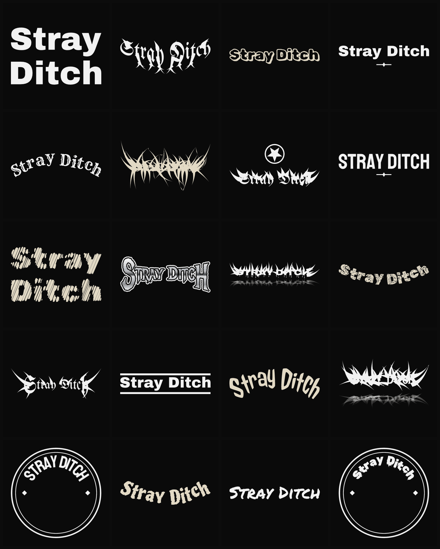 Twenty Stray Ditch band logo ideas — different faces, treatments and spike settings