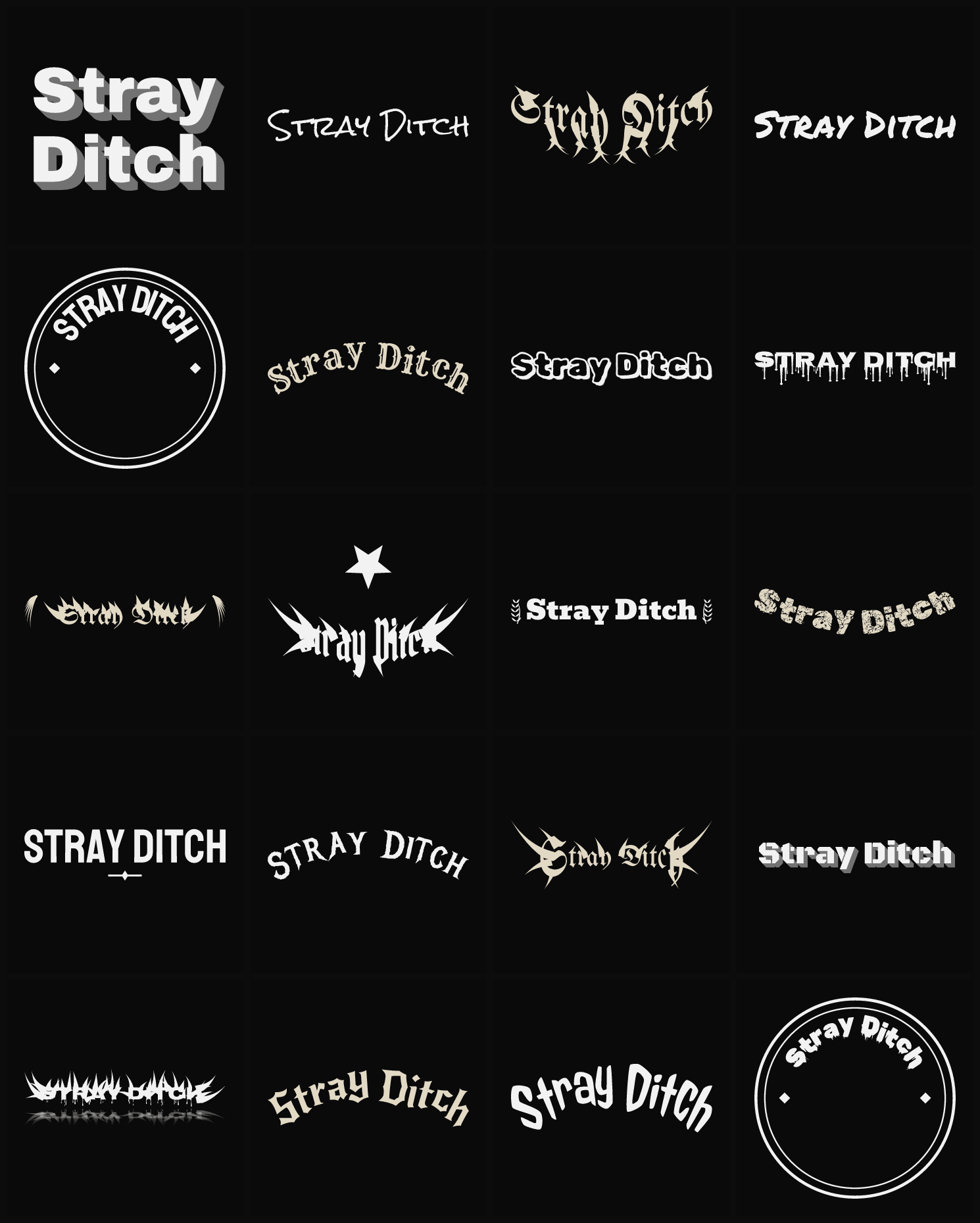 Twenty Stray Ditch band logo ideas — different faces, treatments and spike settings