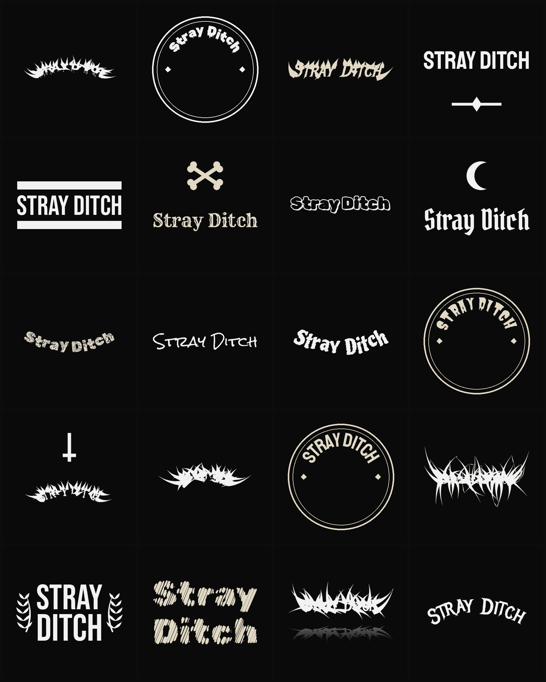 Twenty Stray Ditch band logo ideas — different faces, treatments and spike settings