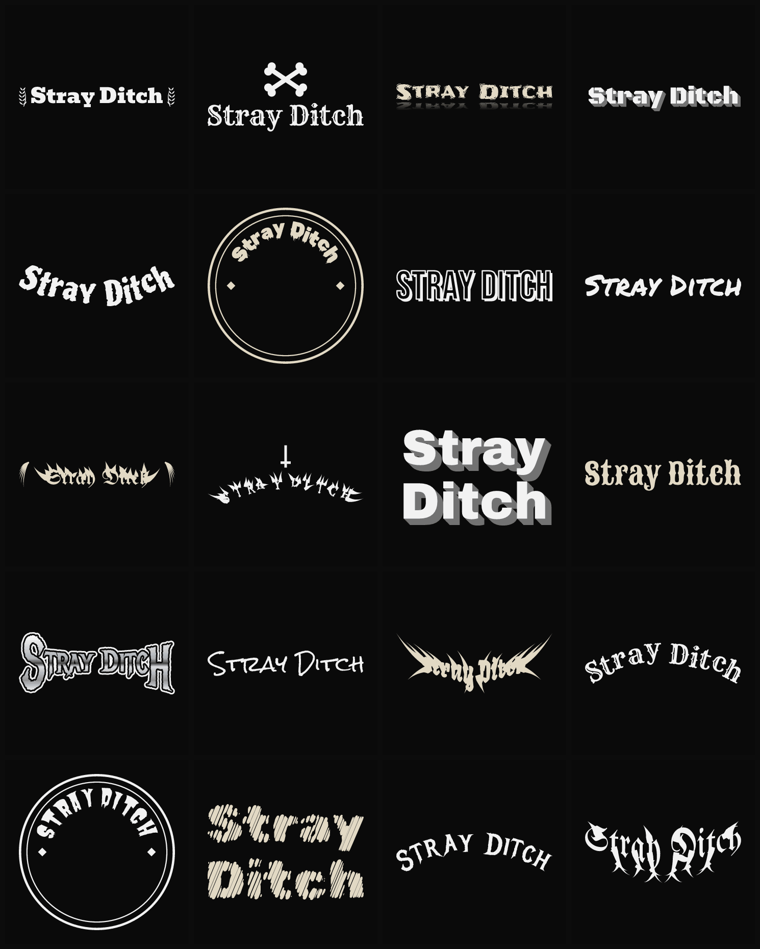Twenty Stray Ditch band logo ideas — different faces, treatments and spike settings