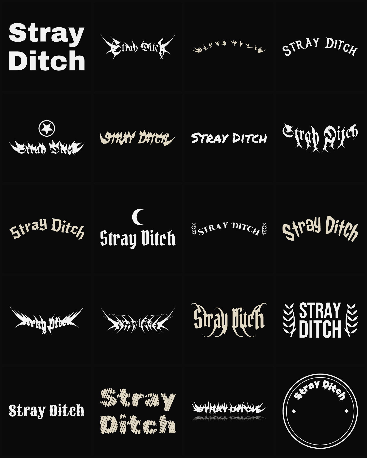 Twenty Stray Ditch band logo ideas — different faces, treatments and spike settings