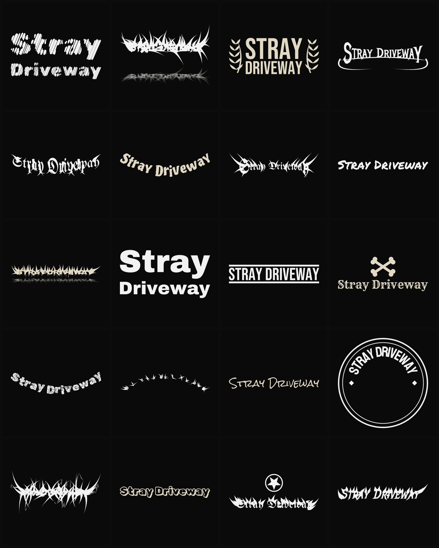 Twenty Stray Driveway band logo ideas — different faces, treatments and spike settings