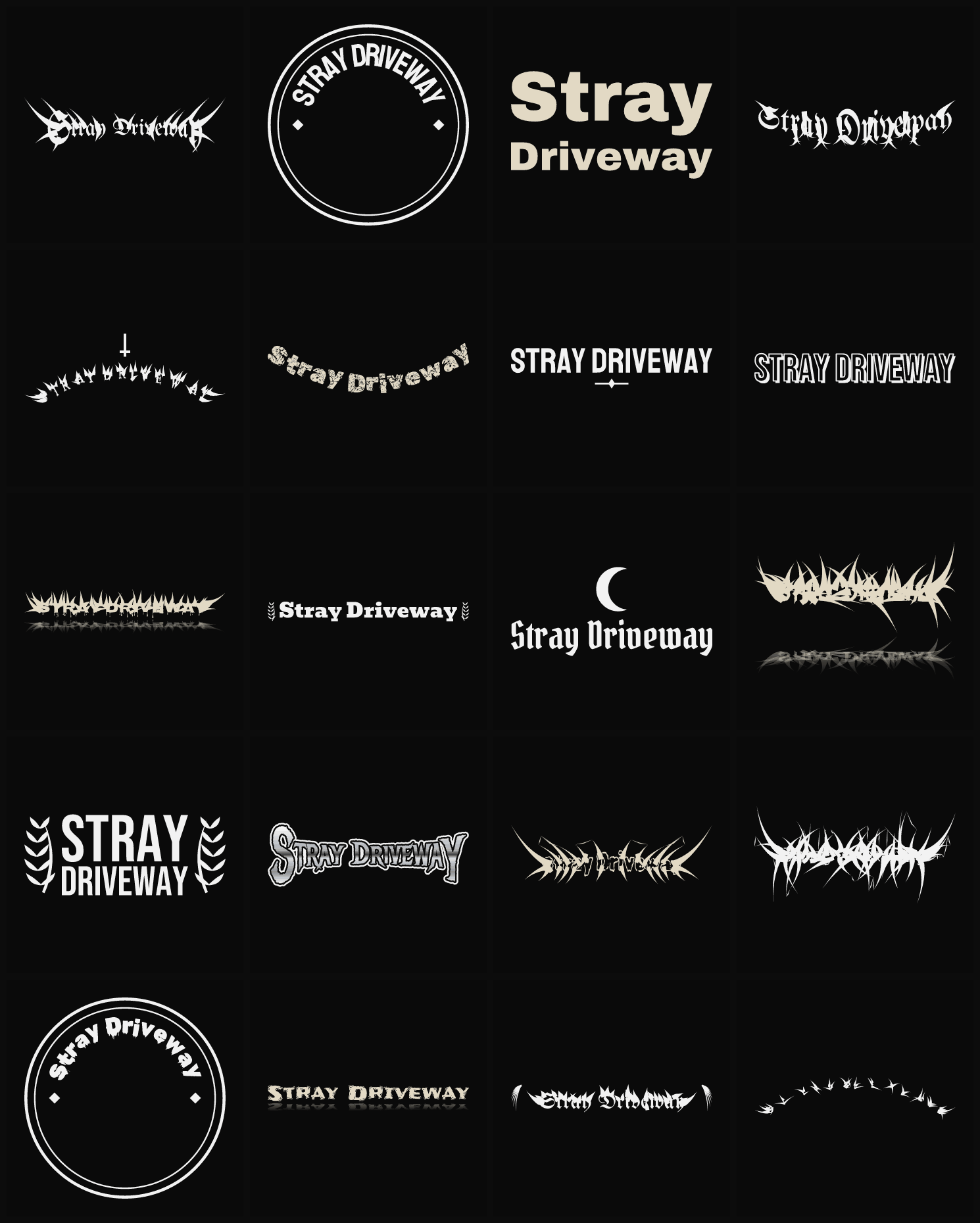 Twenty Stray Driveway band logo ideas — different faces, treatments and spike settings