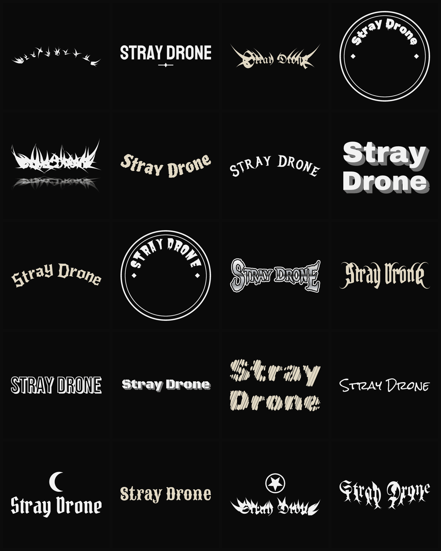Twenty Stray Drone band logo ideas — different faces, treatments and spike settings