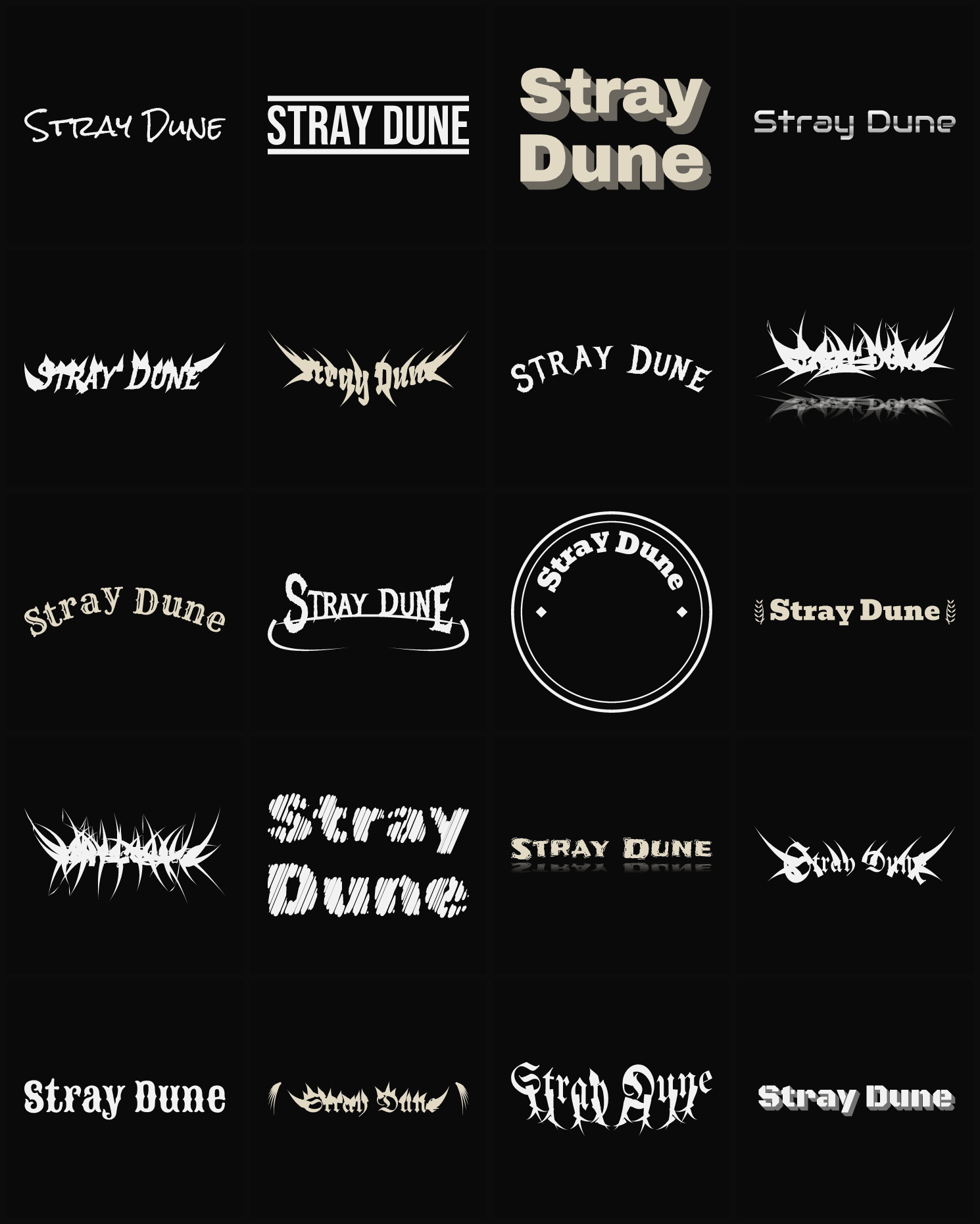 Twenty Stray Dune band logo ideas — different faces, treatments and spike settings