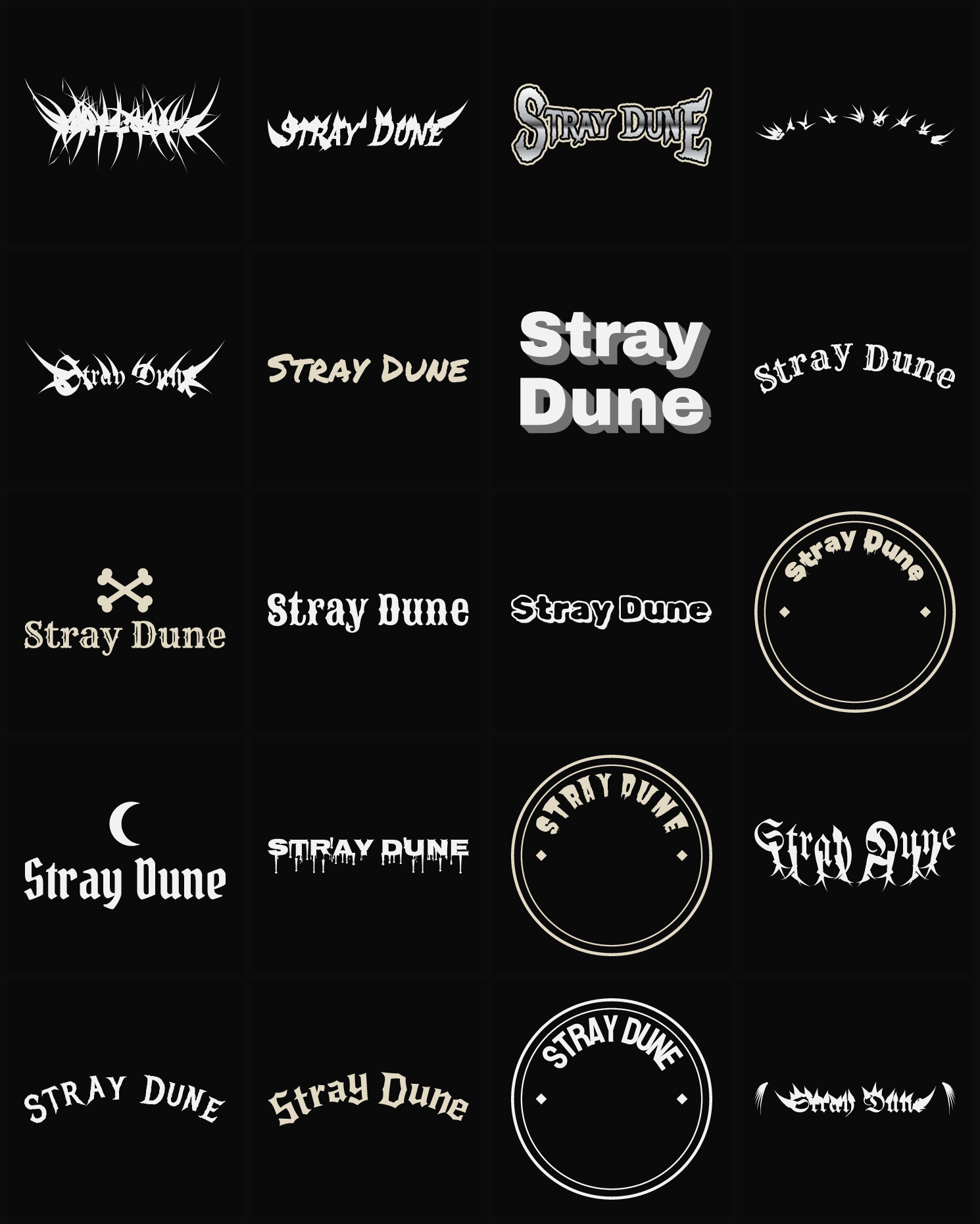 Twenty Stray Dune band logo ideas — different faces, treatments and spike settings
