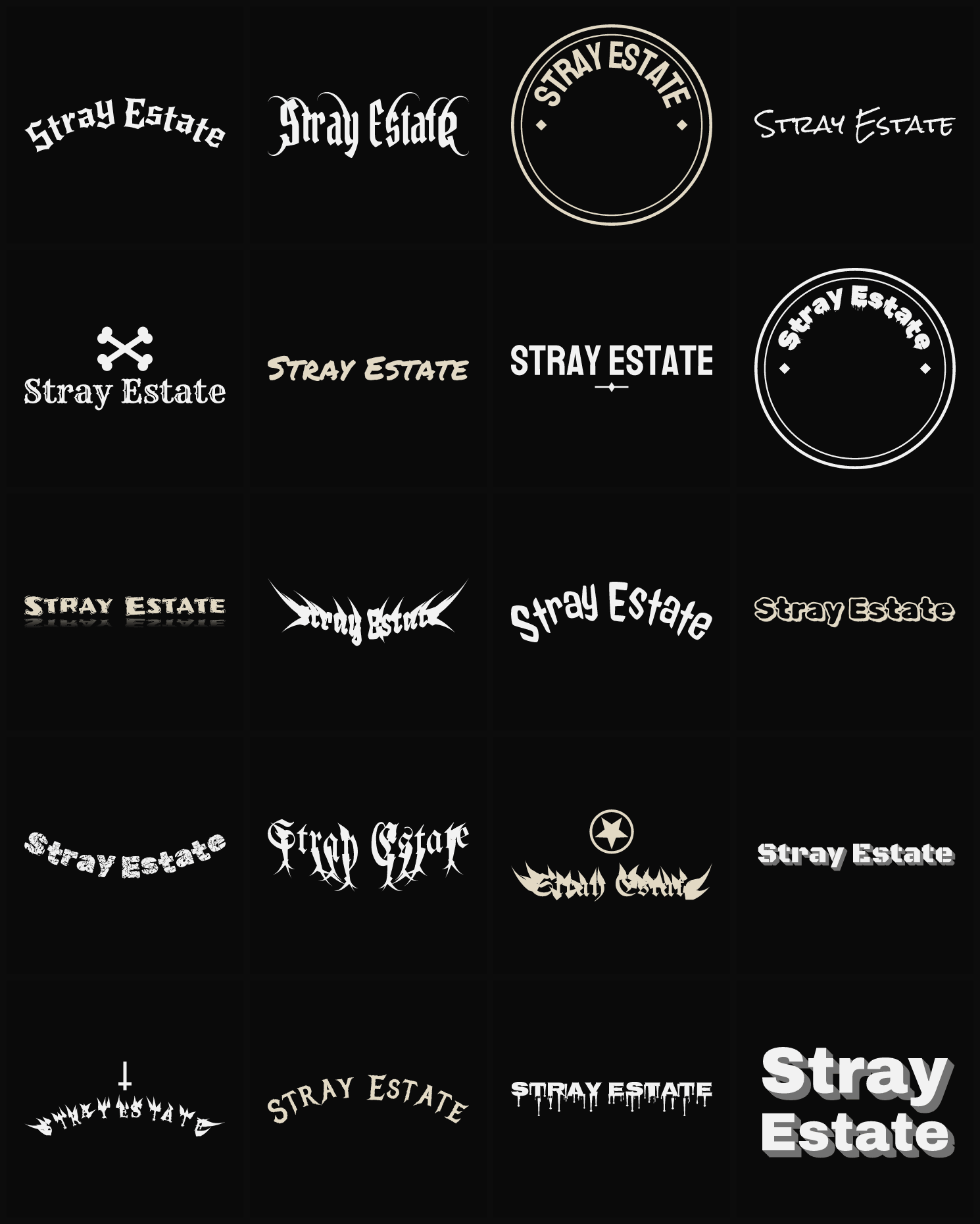 Twenty Stray Estate band logo ideas — different faces, treatments and spike settings