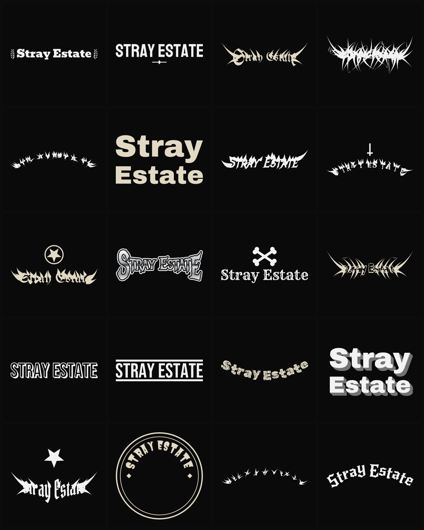 Twenty Stray Estate band logo ideas — different faces, treatments and spike settings