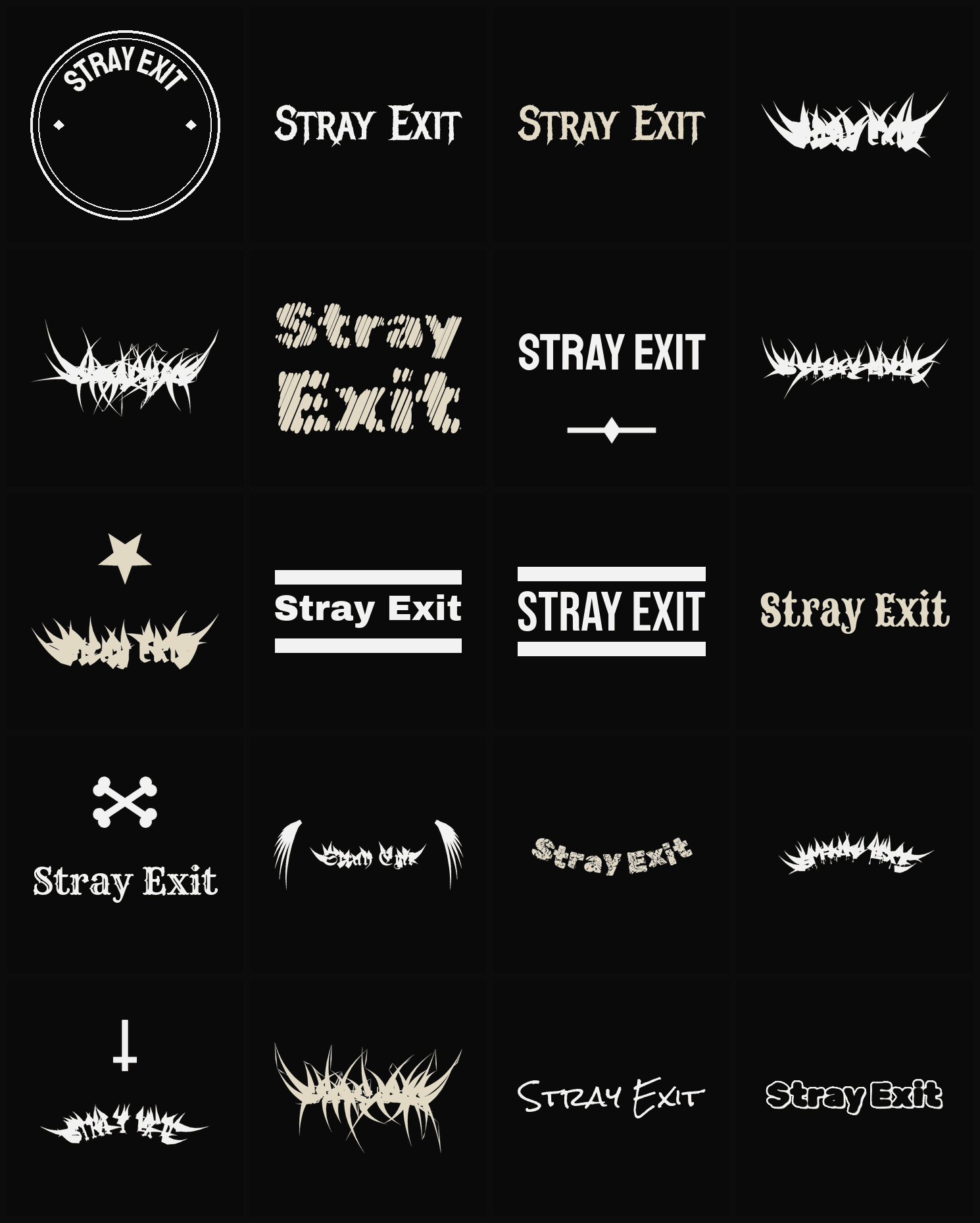 Twenty Stray Exit band logo ideas — different faces, treatments and spike settings