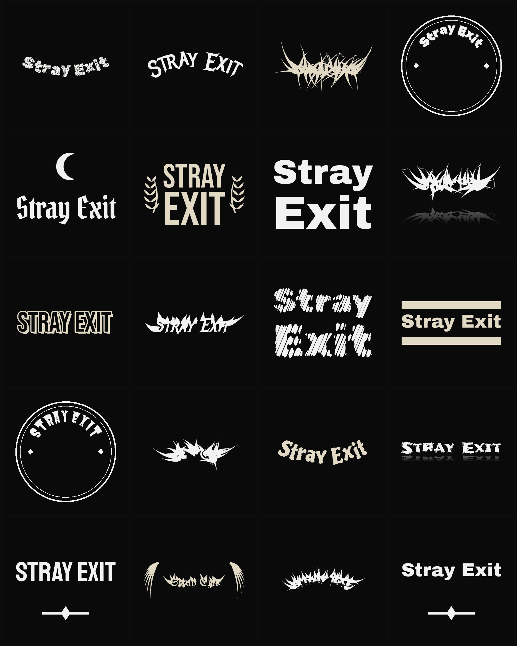 Twenty Stray Exit band logo ideas — different faces, treatments and spike settings