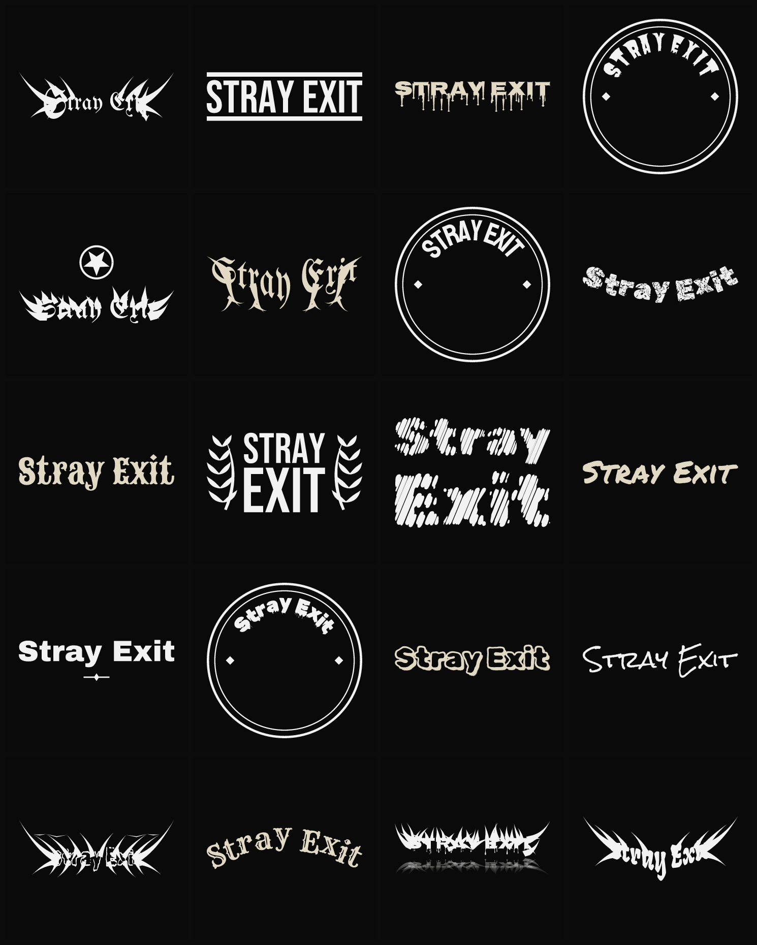 Twenty Stray Exit band logo ideas — different faces, treatments and spike settings
