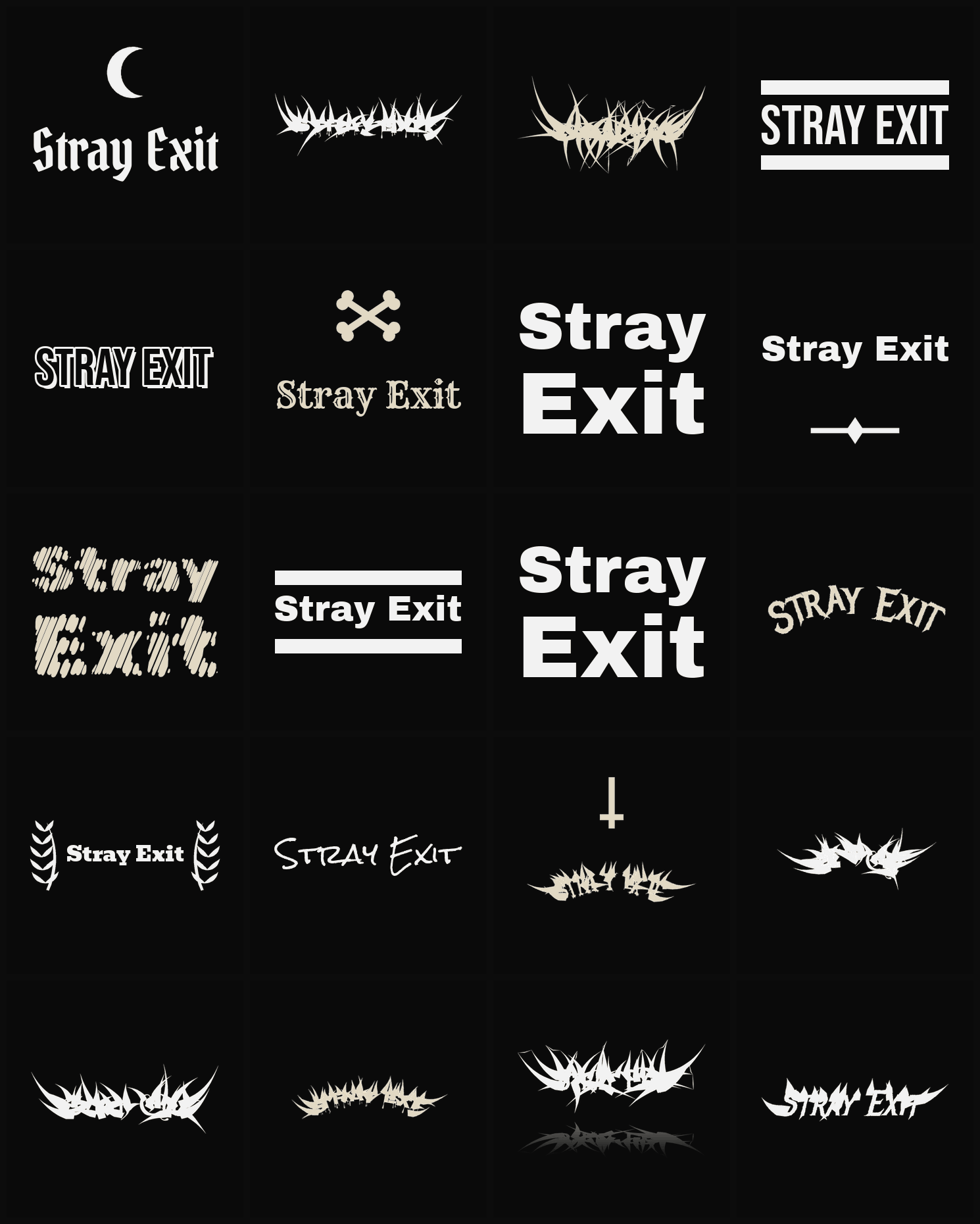 Twenty Stray Exit band logo ideas — different faces, treatments and spike settings