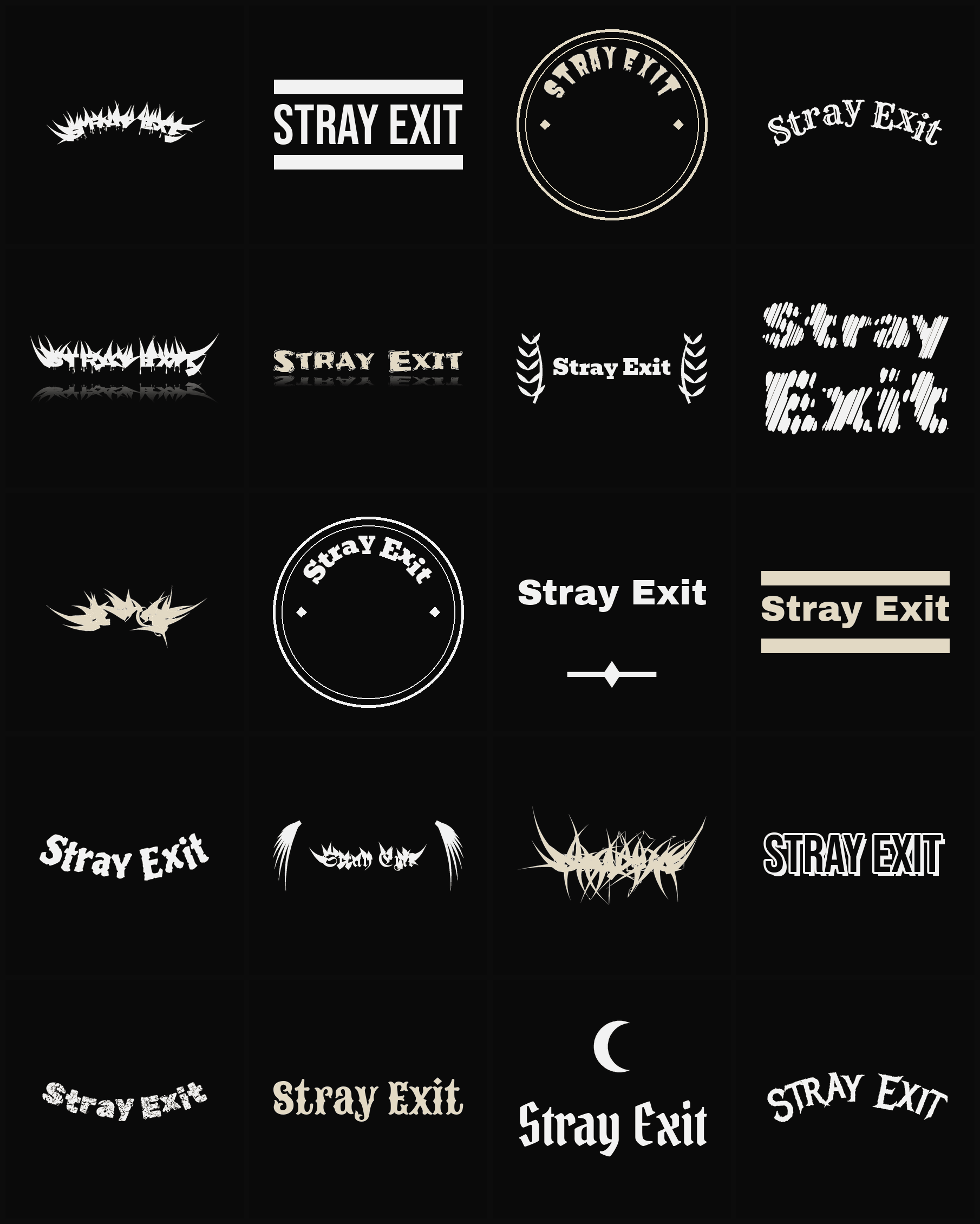 Twenty Stray Exit band logo ideas — different faces, treatments and spike settings