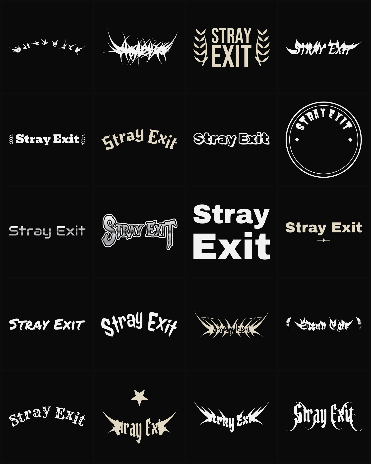 Twenty Stray Exit band logo ideas — different faces, treatments and spike settings