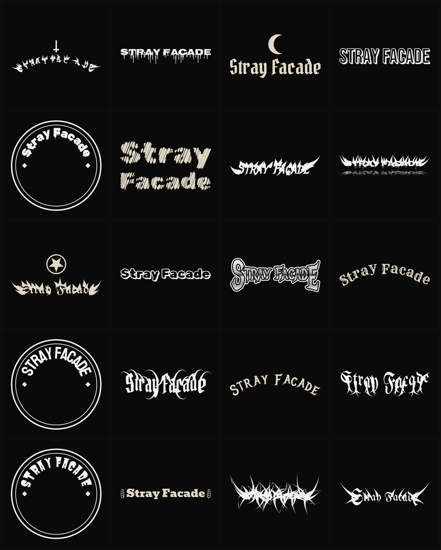 Twenty Stray Facade band logo ideas — different faces, treatments and spike settings
