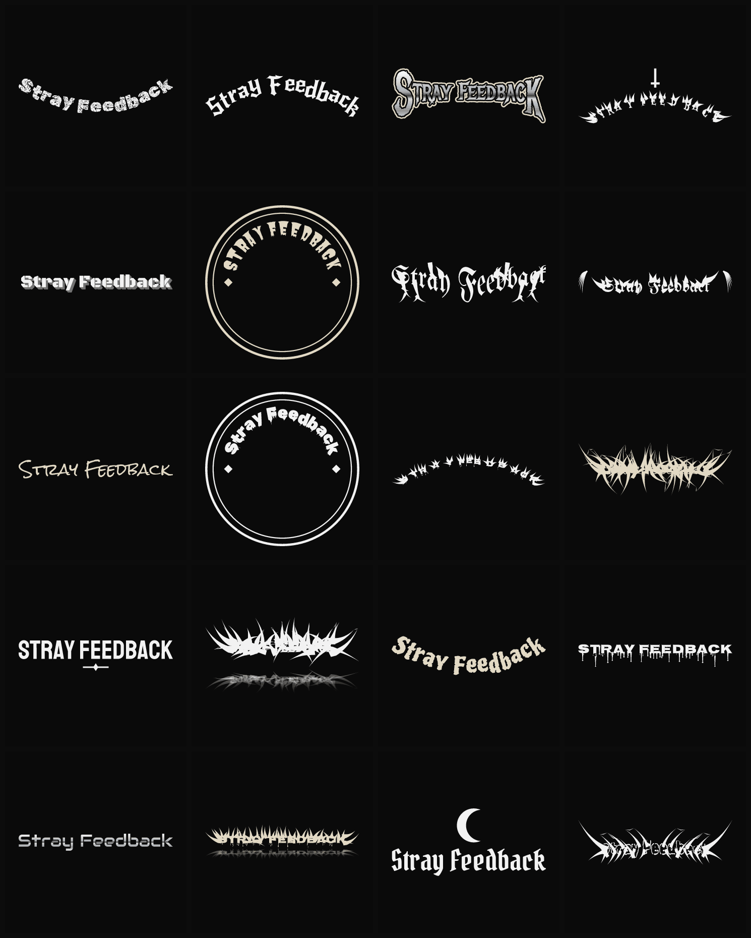Twenty Stray Feedback band logo ideas — different faces, treatments and spike settings