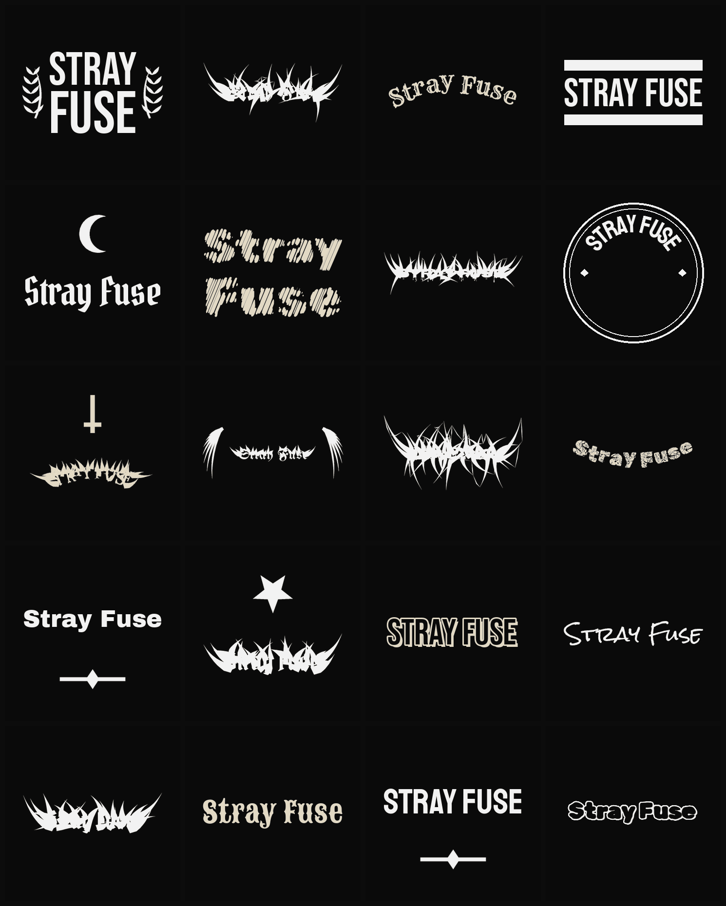 Twenty Stray Fuse band logo ideas — different faces, treatments and spike settings