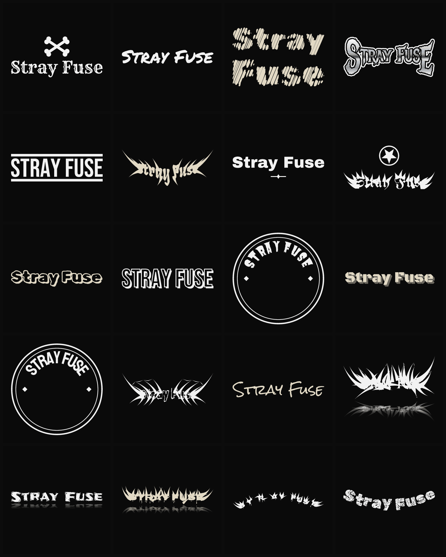 Twenty Stray Fuse band logo ideas — different faces, treatments and spike settings