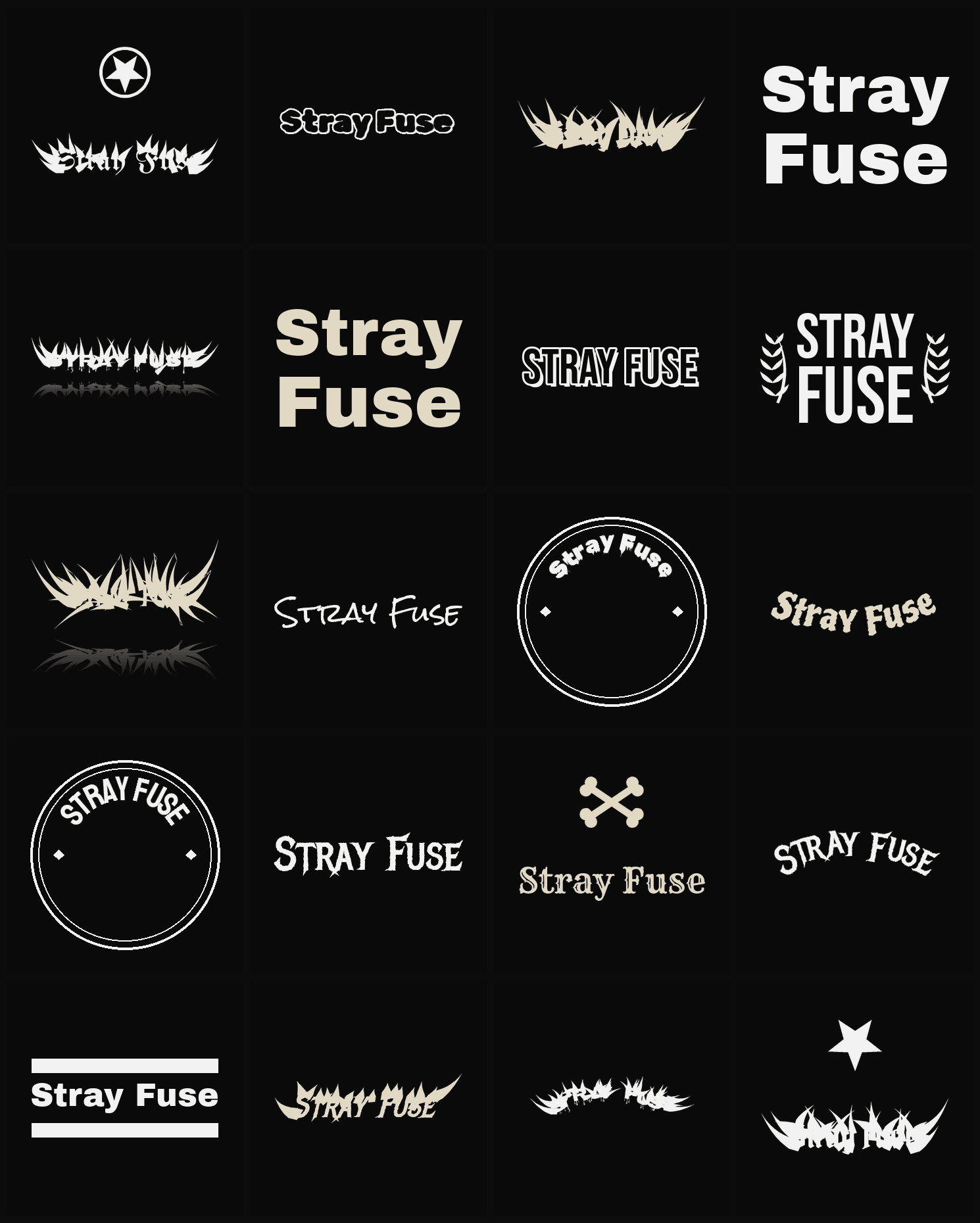 Twenty Stray Fuse band logo ideas — different faces, treatments and spike settings