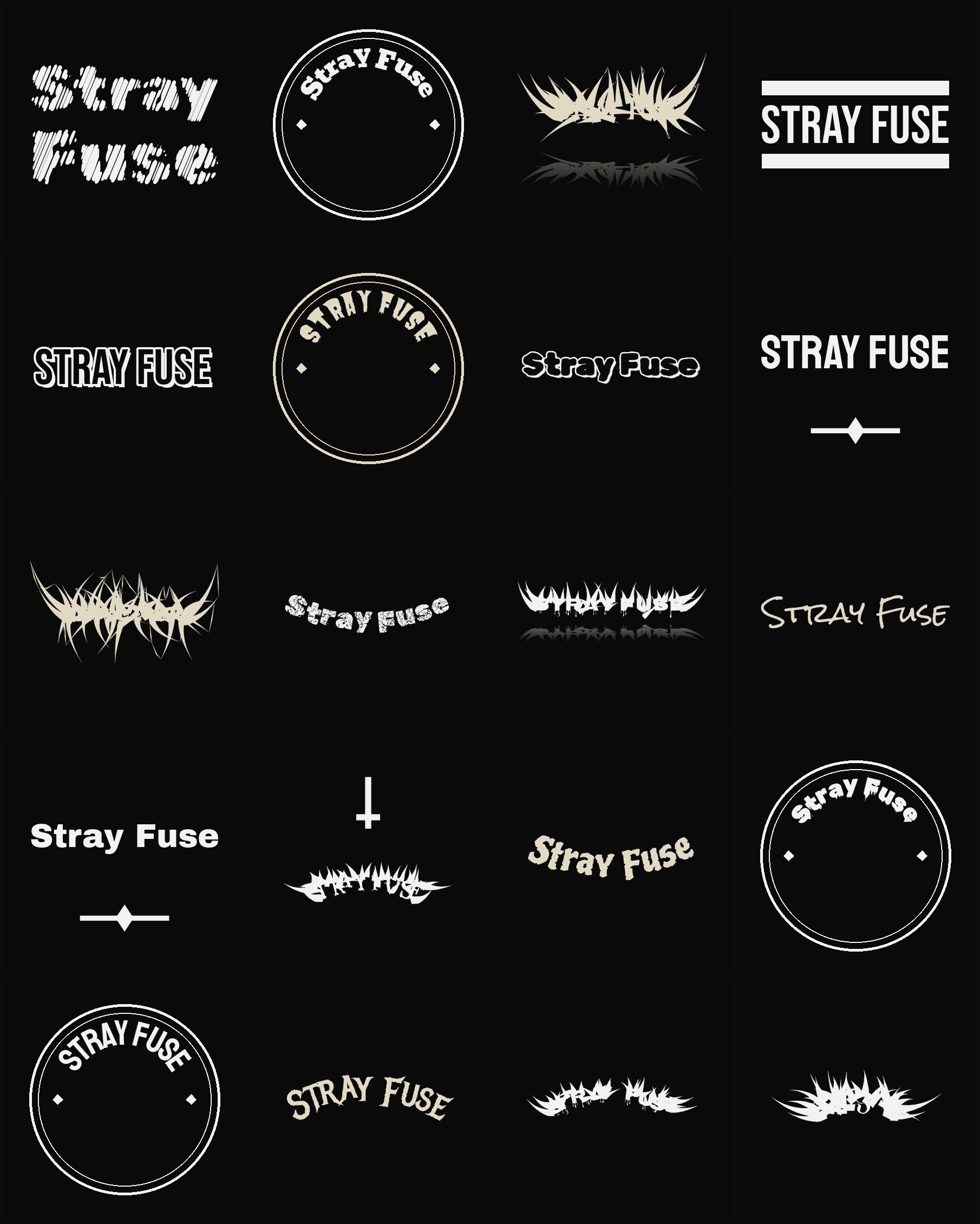 Twenty Stray Fuse band logo ideas — different faces, treatments and spike settings