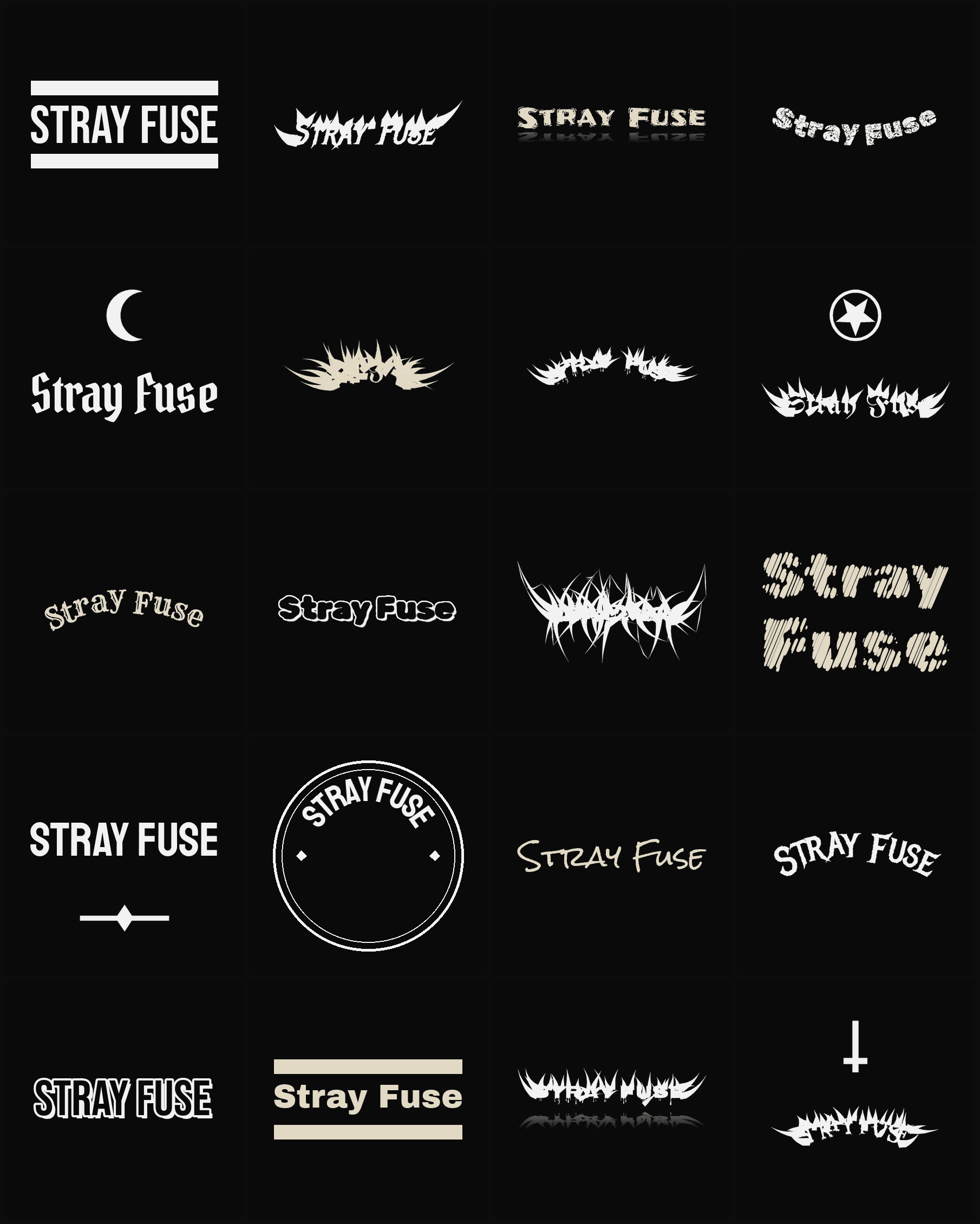 Twenty Stray Fuse band logo ideas — different faces, treatments and spike settings