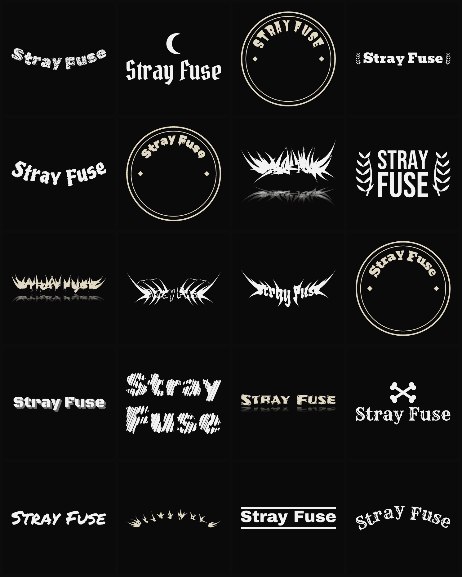 Twenty Stray Fuse band logo ideas — different faces, treatments and spike settings