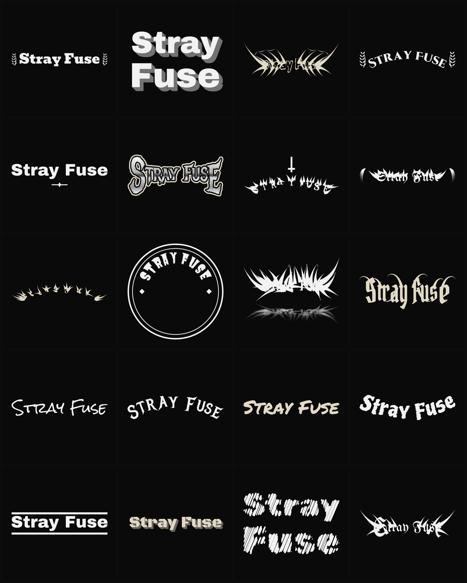 Twenty Stray Fuse band logo ideas — different faces, treatments and spike settings