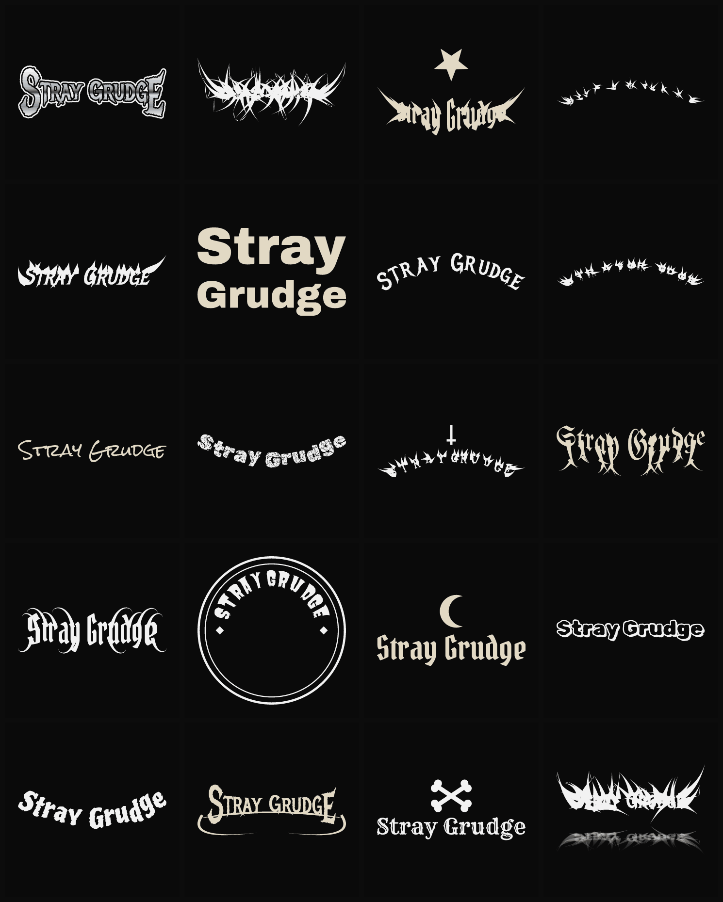 Twenty Stray Grudge band logo ideas — different faces, treatments and spike settings