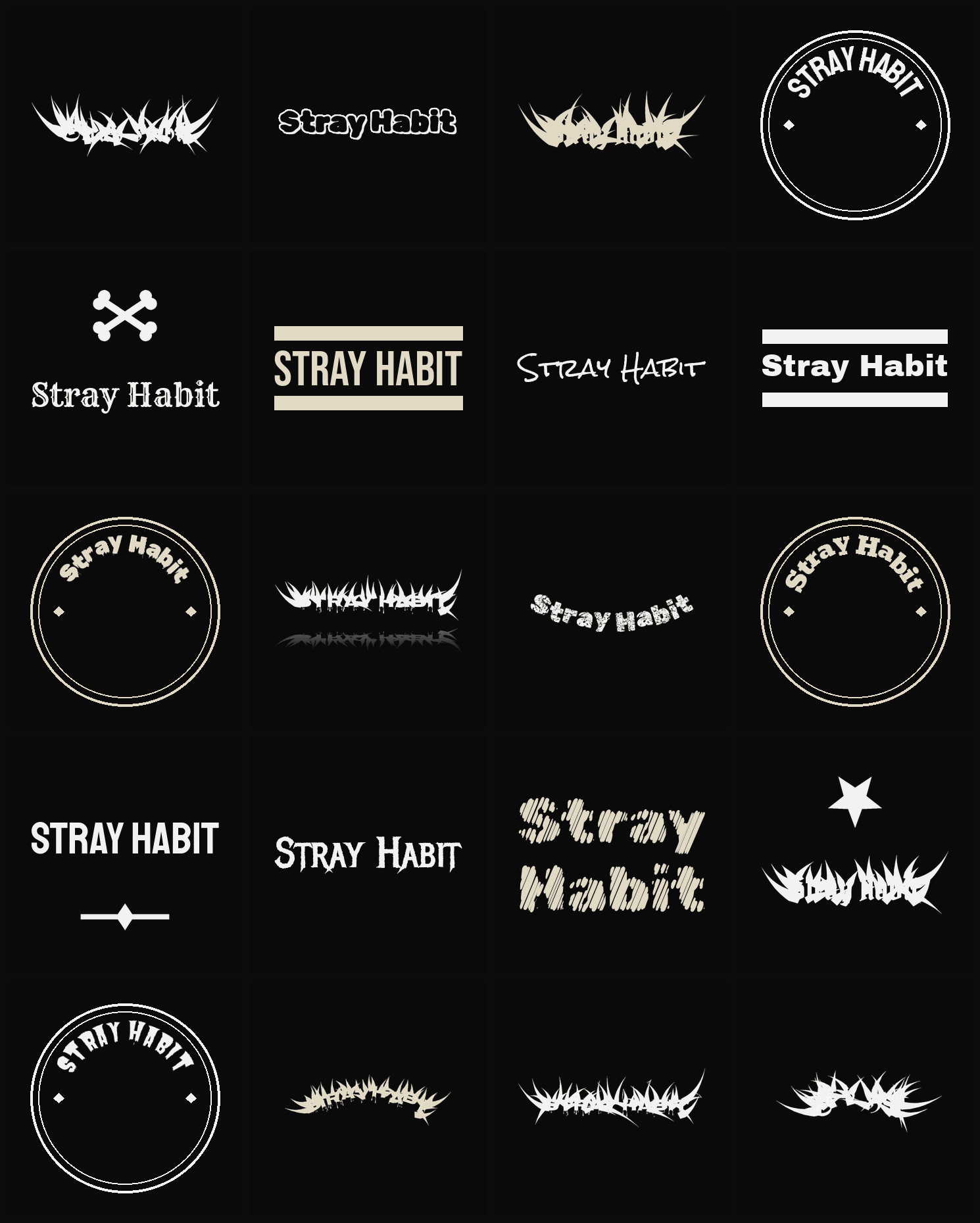 Twenty Stray Habit band logo ideas — different faces, treatments and spike settings