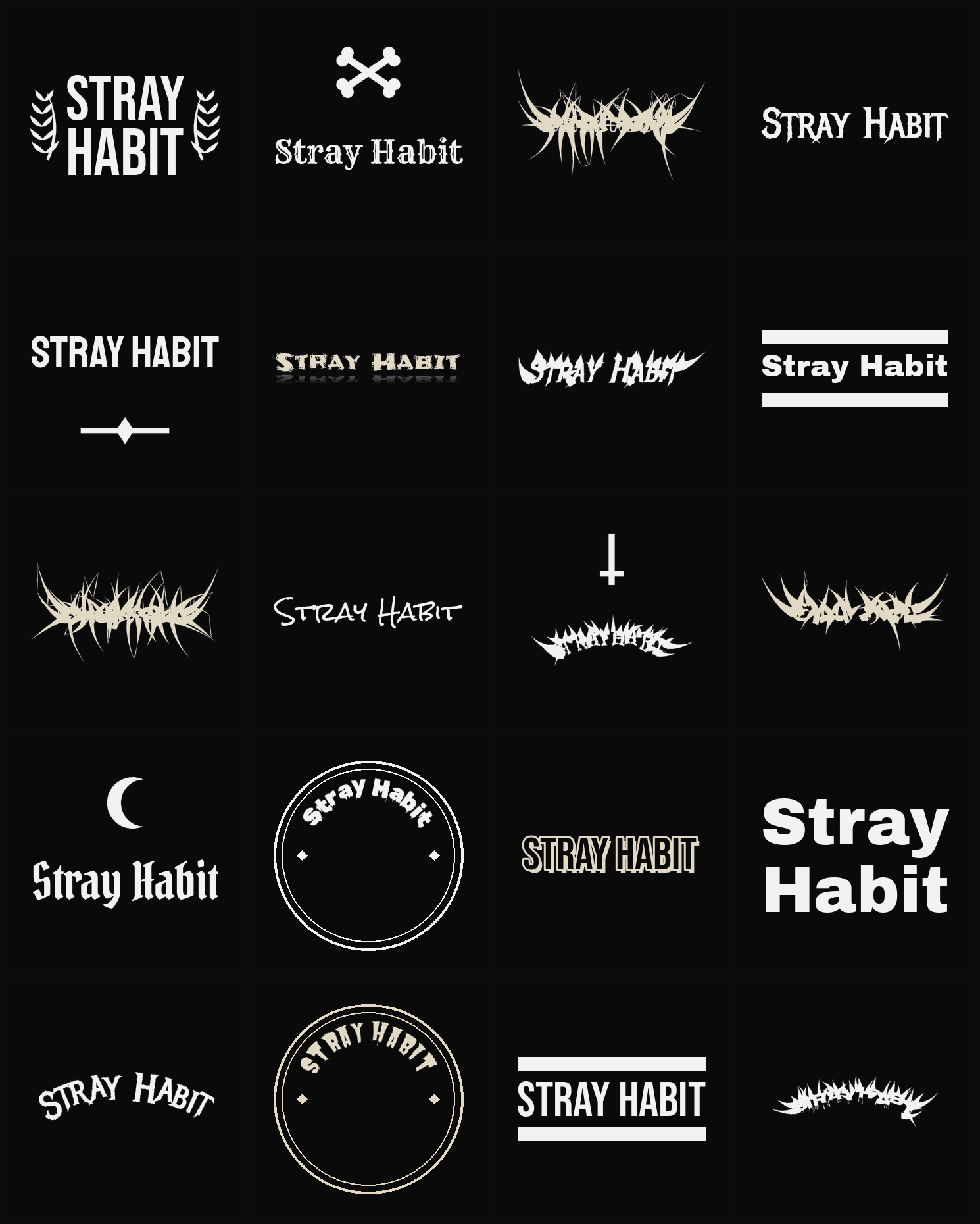 Twenty Stray Habit band logo ideas — different faces, treatments and spike settings