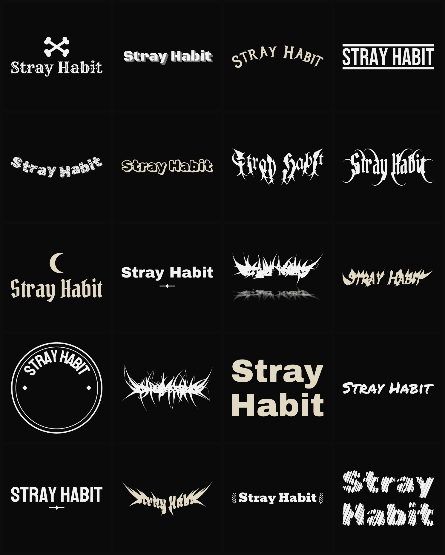 Twenty Stray Habit band logo ideas — different faces, treatments and spike settings