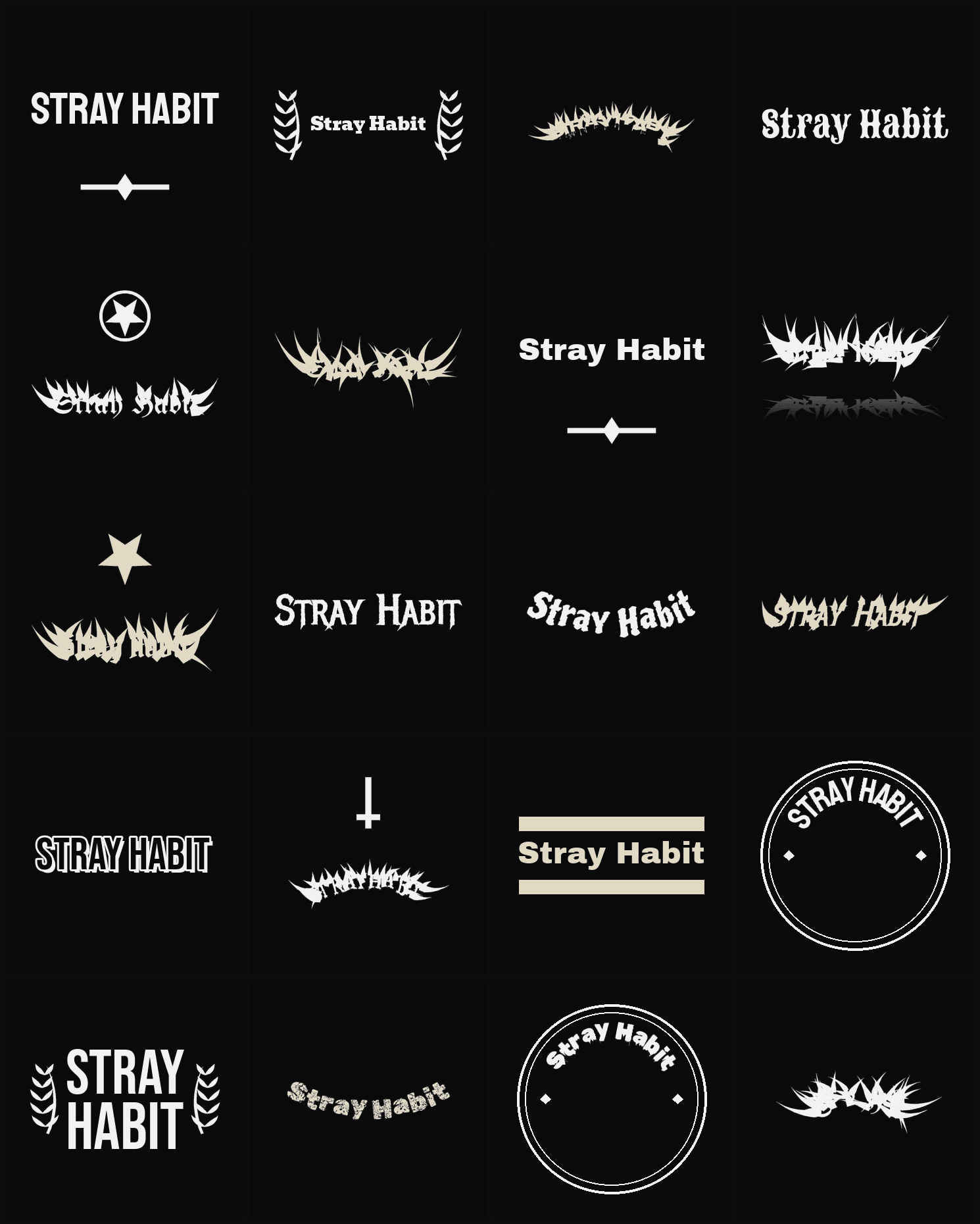 Twenty Stray Habit band logo ideas — different faces, treatments and spike settings