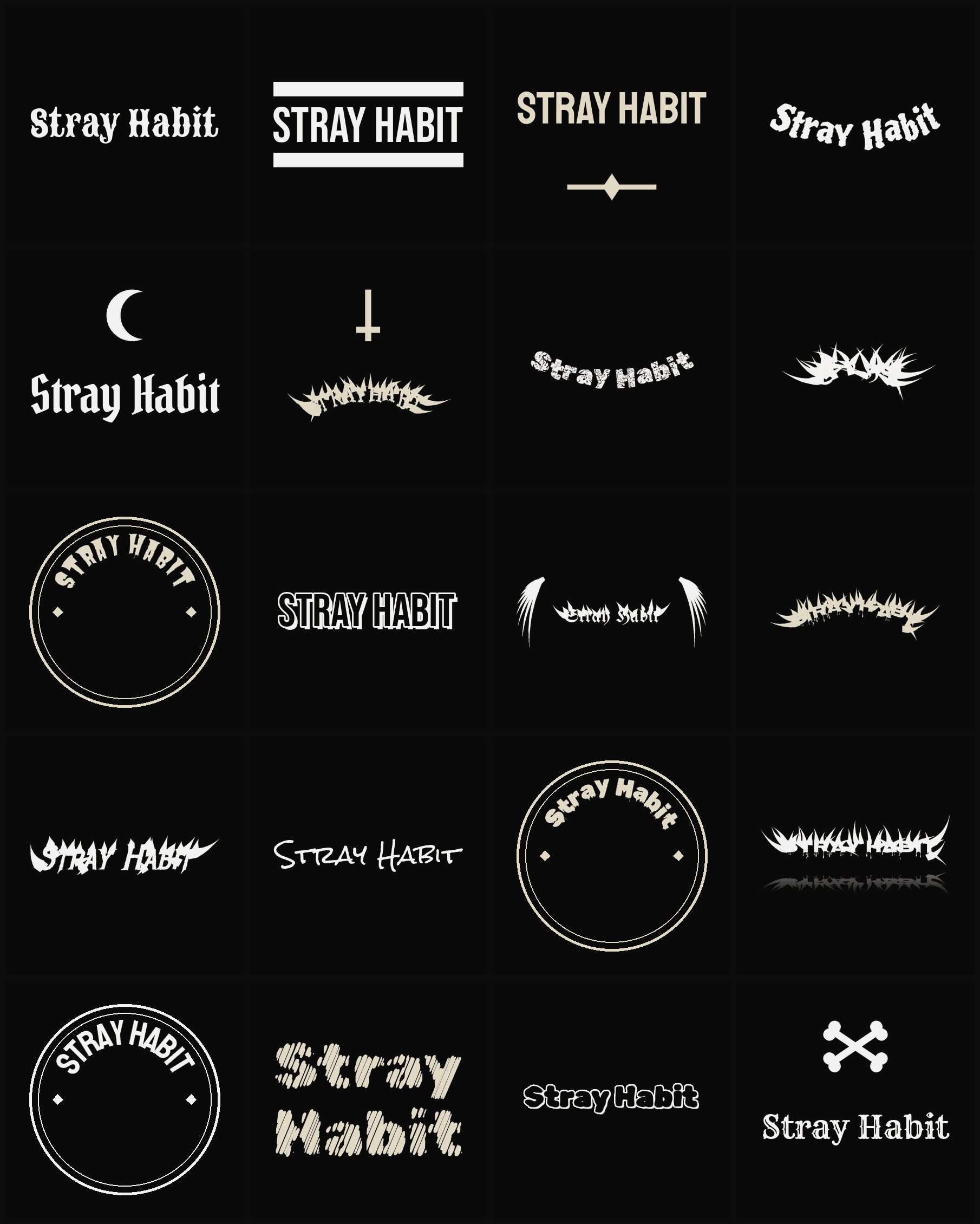 Twenty Stray Habit band logo ideas — different faces, treatments and spike settings