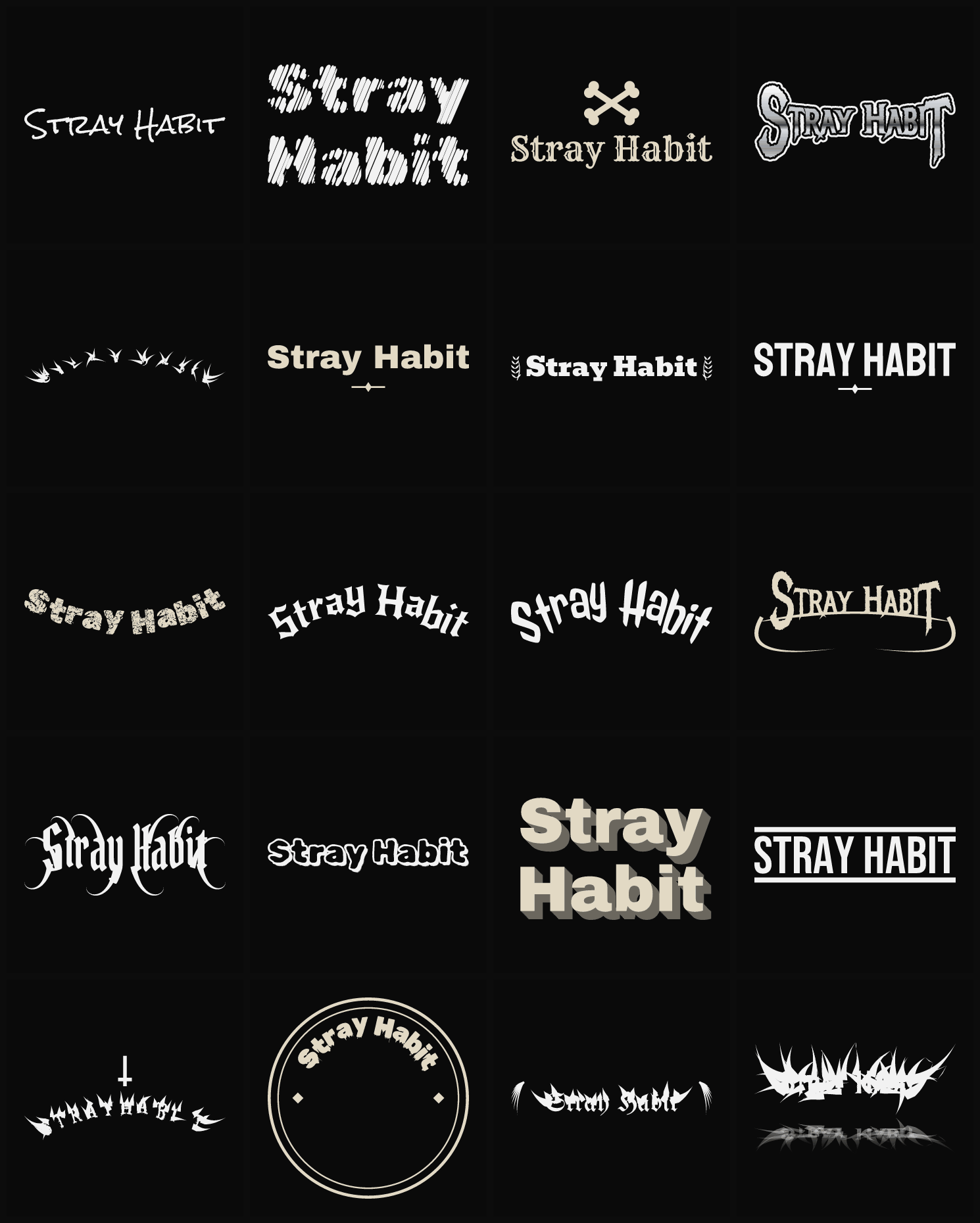 Twenty Stray Habit band logo ideas — different faces, treatments and spike settings