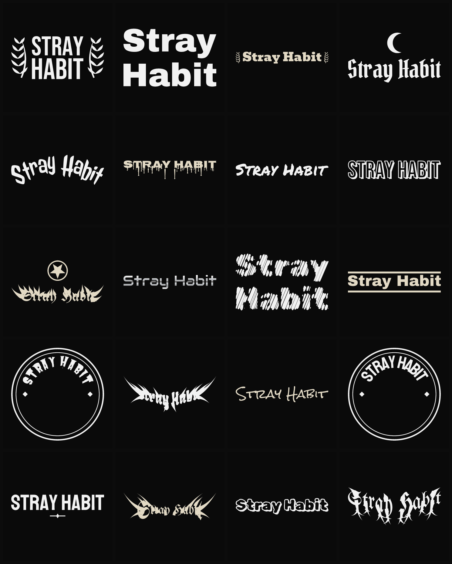 Twenty Stray Habit band logo ideas — different faces, treatments and spike settings