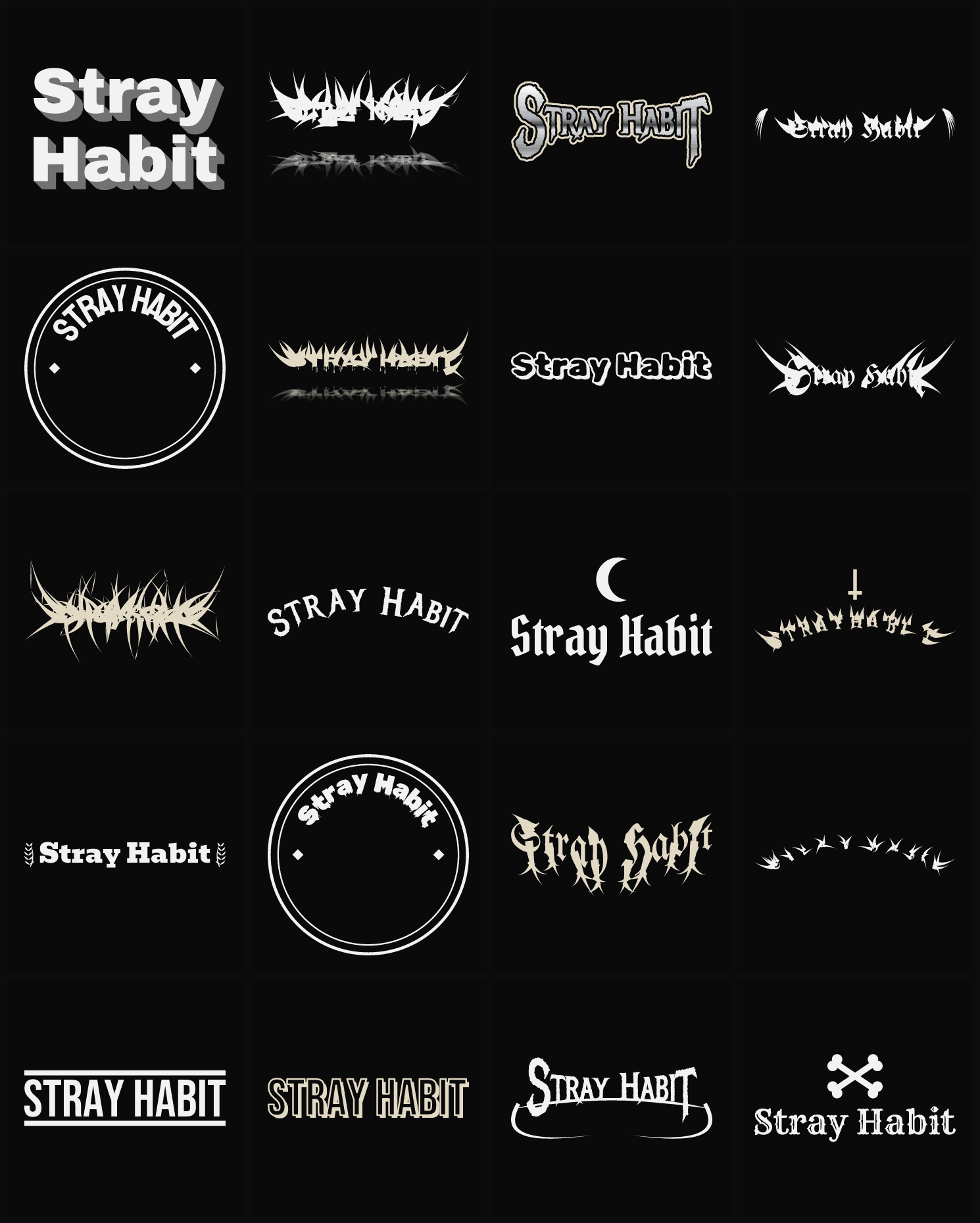 Twenty Stray Habit band logo ideas — different faces, treatments and spike settings